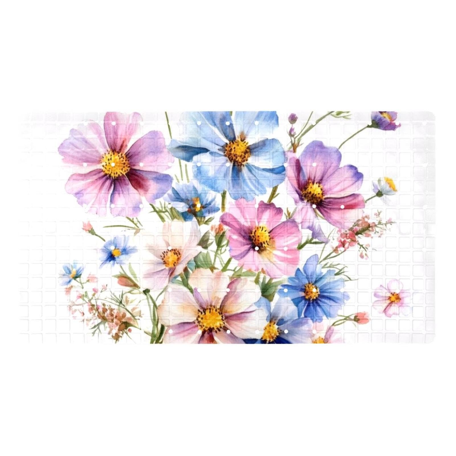 Badematte für die Badewanne, Motiv: Aquarellstrauß mit bunten Wildblumen, rutschfest, rechteckig, Duschmatte mit Saugnäpfen, maschinenwaschbar, Badezimmermatte, 39,9 x 70,9 cm
