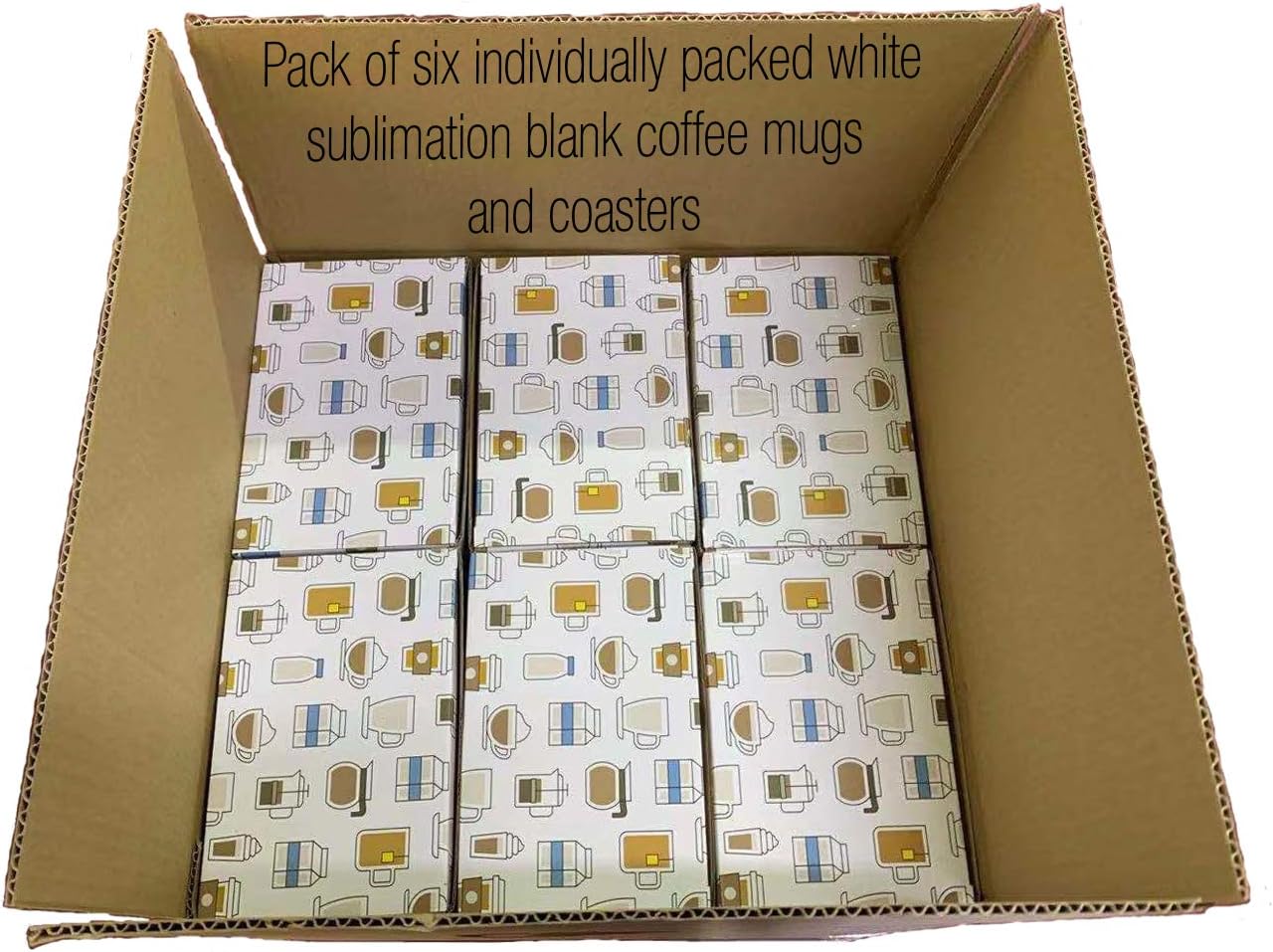 Sublimation Blank Ceramic Coffee Mug (11 oz) Gift Set with Sublimation Ready Coaster (3.9in X 3.9in) Individually Packed in a Protective Gift Box - Set of 6