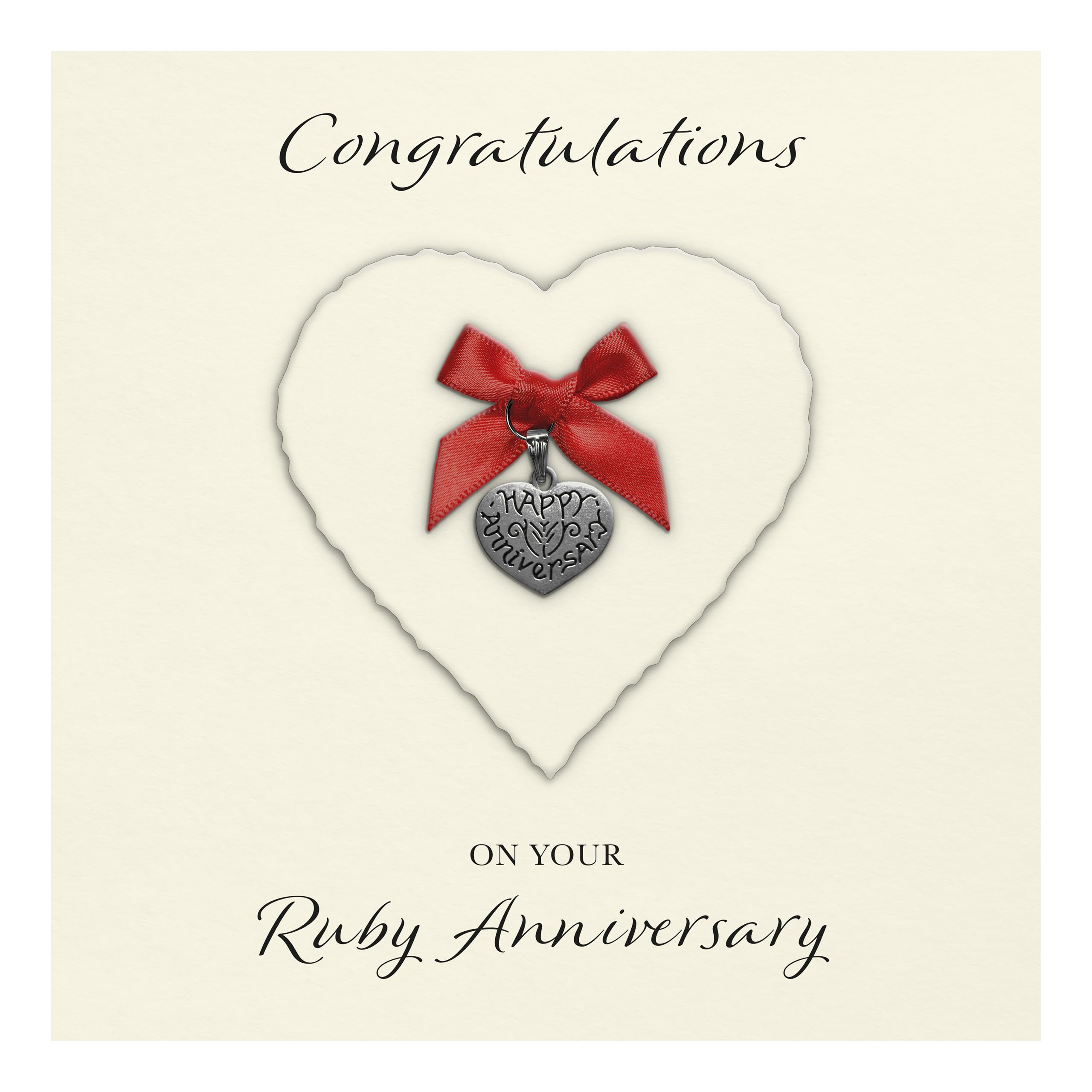 Ruby 40th Anniversary Card "Heart Charm & Bow" - Handmade UK (Ivory Heart/Ruby Bow, Ivory Cardstock)