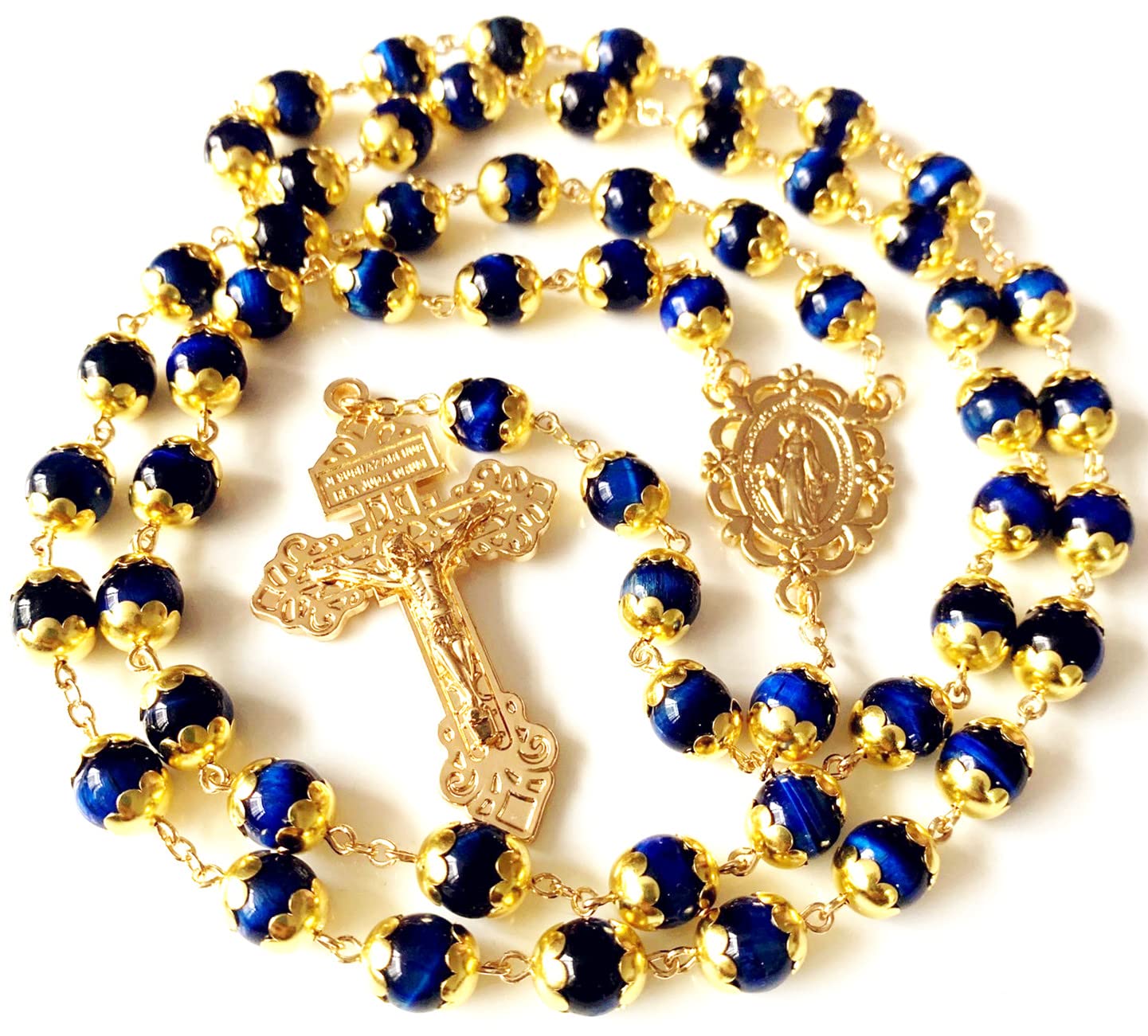 elegantmedicalelegantmedical HANDMADE Tiger Eye Prayer Beads Catholic Rosary Necklace Gift Box Italy Crucifix Gold