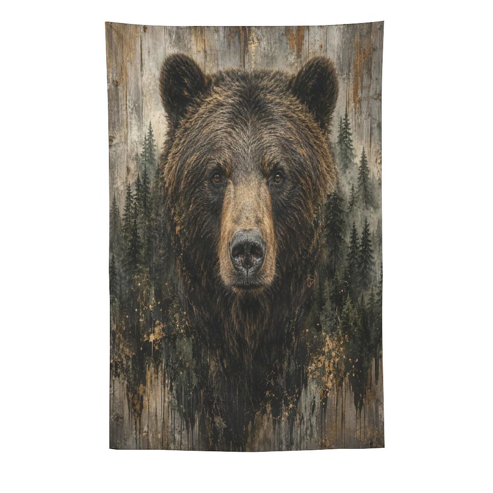 H3B8U2Y5 Brown Bear Pine Forest Wall Tapestry, Rustic Wildlife