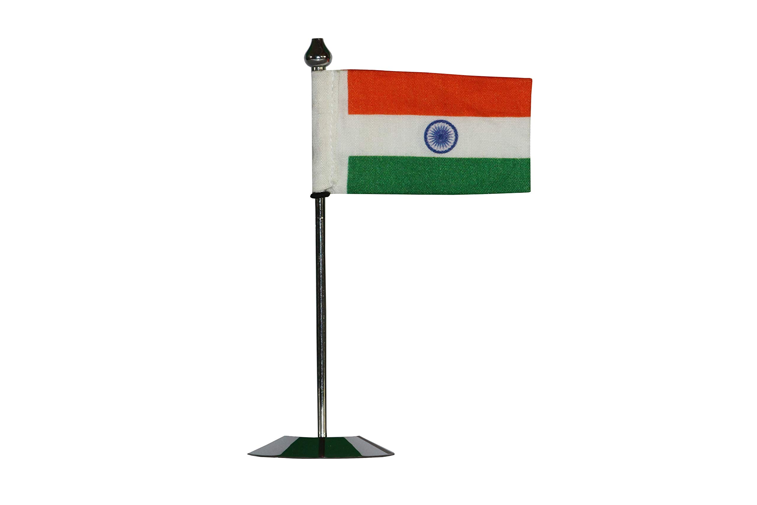DErZ Indian National Khadi Flag Miniature for Car Dashboard, Home Table, Office Desk, Gift Purpose Special 15 August Idol for Decoration of Office Flag with Silver Round Metal Base Stand (Flag Made with 100% Khadi Cloth)