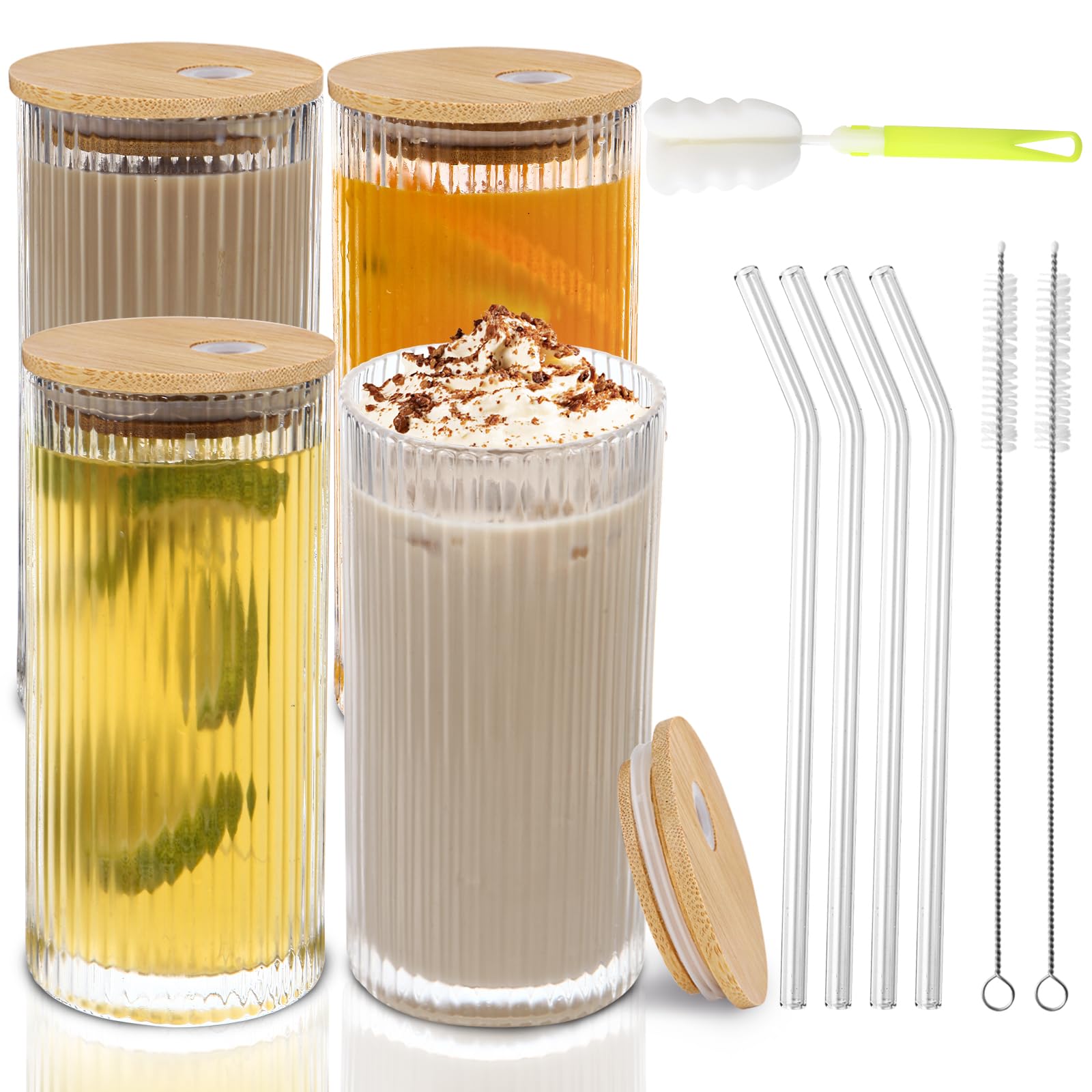 Aikio Ribbed Glasses,4 Set Drinking Glasses with Bamboo Lids and Glass Straws,Vintage Iced Coffee Glasses Ribbed Glassware Beer Cups for Water,Whiskey, Beer,Juice,Gift