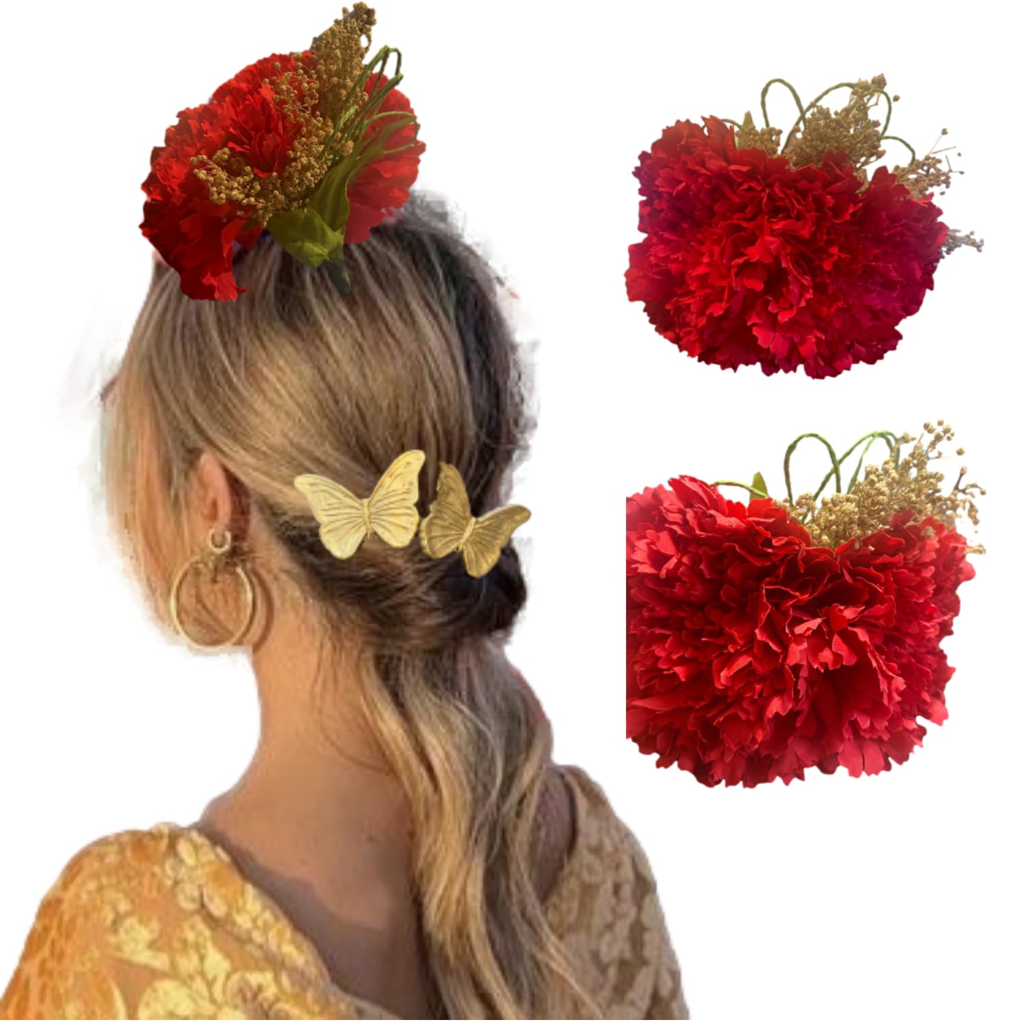 Flores Flamenca-Complementos Flamenca-Flores de Flamenca Mujer Para El Pelo-2 Claves XL y Flores Preservadas y Hojas-Flores Para El Pelo-Accesorios Sevillana-Flamenca-Flores de Flamenca (ROJO)