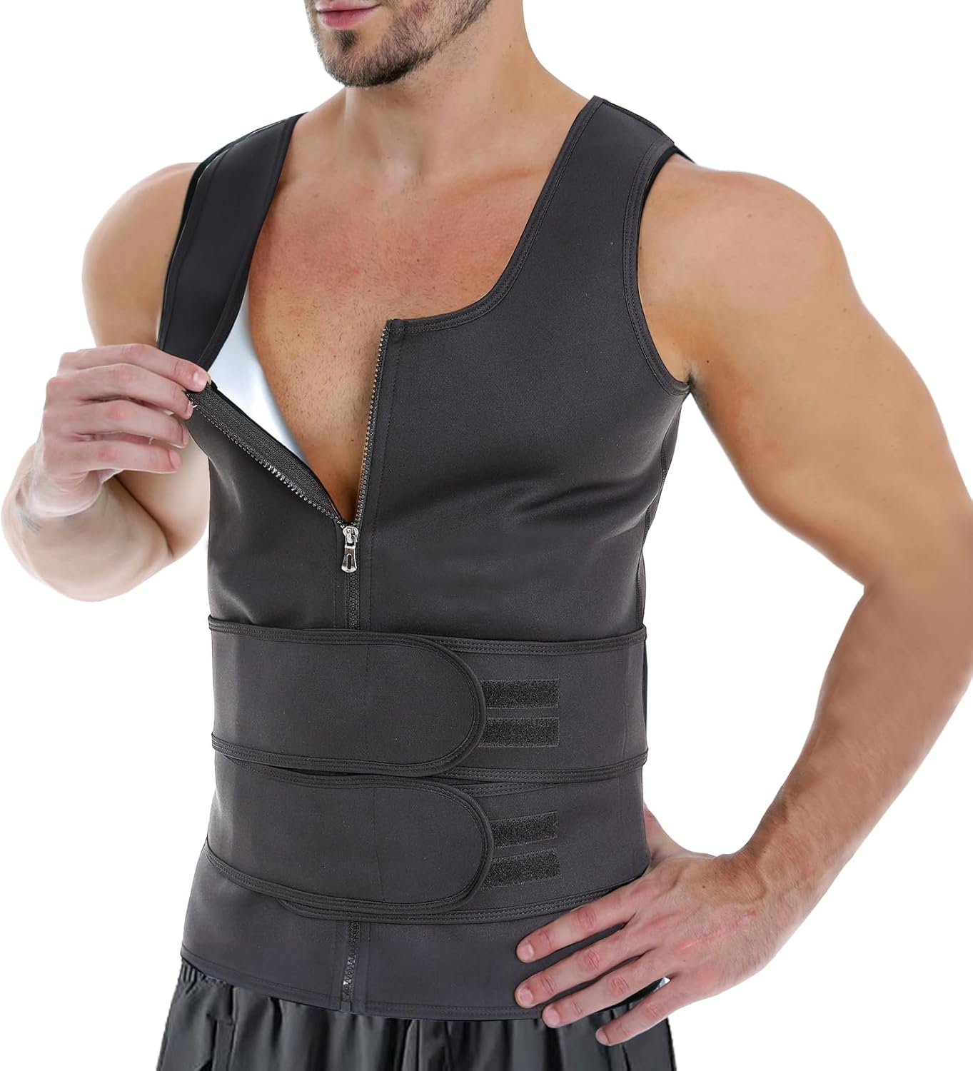 Sauna Suit for Men 2 in 1 Sweat Vest Waist Trainer Sauna Shirt for Men with Adjustable Double Sweat Belt