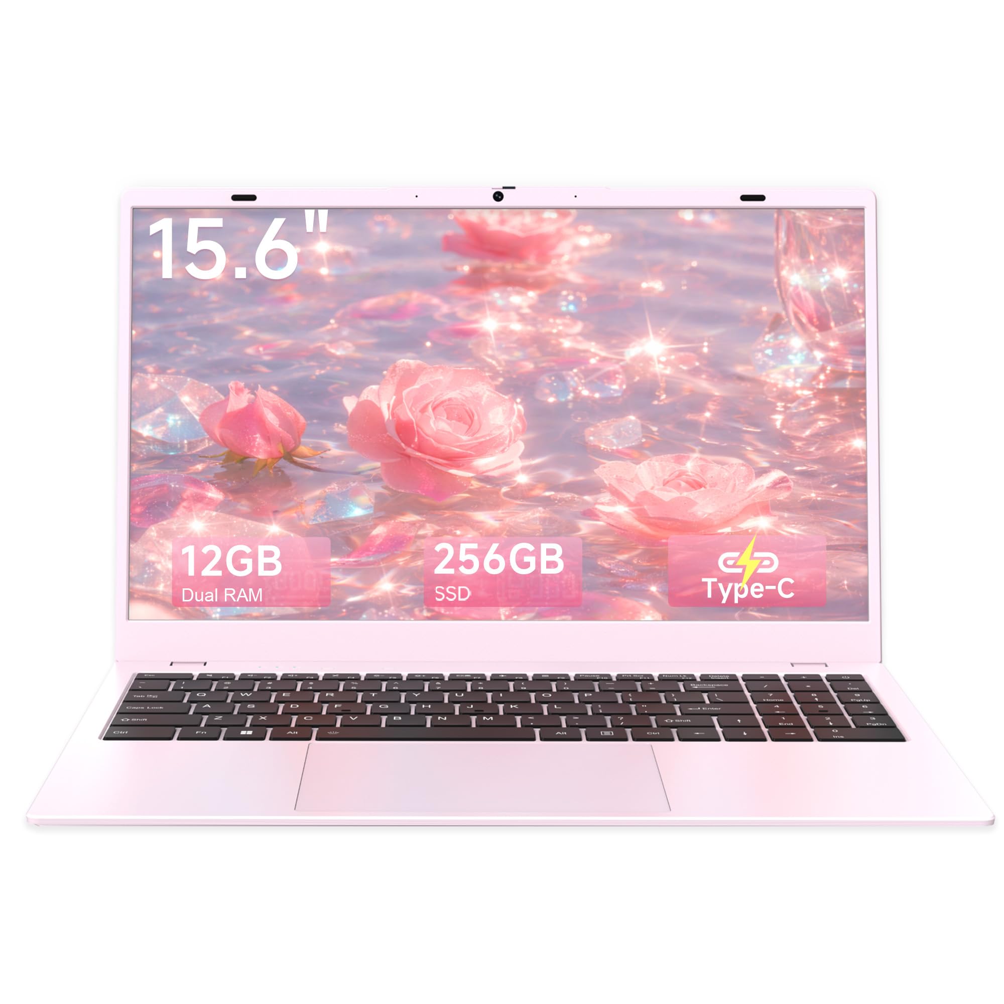 EvoSpan Pink Laptop 15.6 Inch Laptop Computer, 12GB RAM 256GB SSD, Pentium Gold 6500Y up to 3.4GHz, FHD IPS Display, Thin Portable Student Laptop for