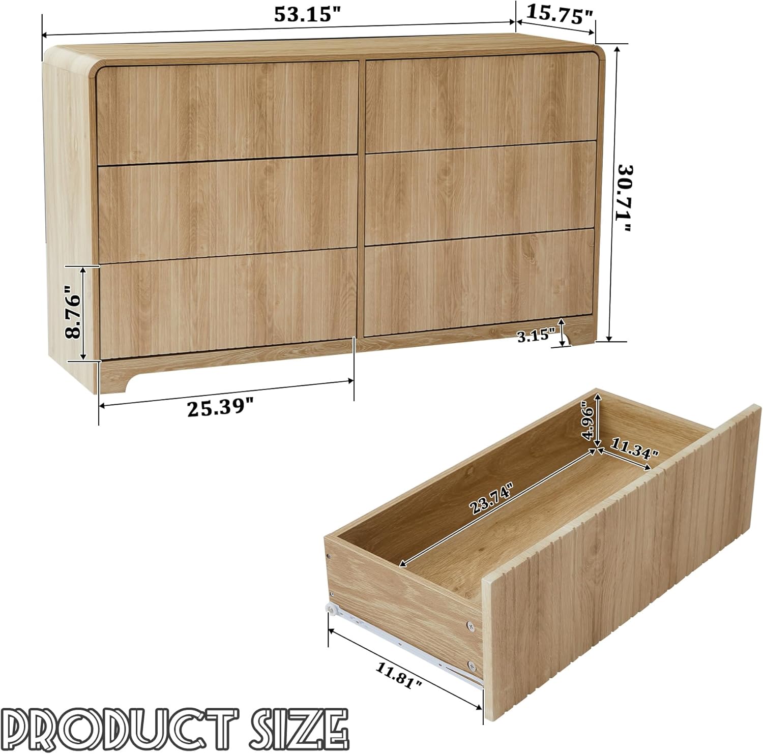 Fluted 6 Drawers Dresser for Bedroom, 53" Wide Mid Century Modern Chest of Drawer with Curved Profile Design, Large Double Wood Dresser for Living Room Natural 15.8"D x 53"W x 30.7"H (6 Drawers)
