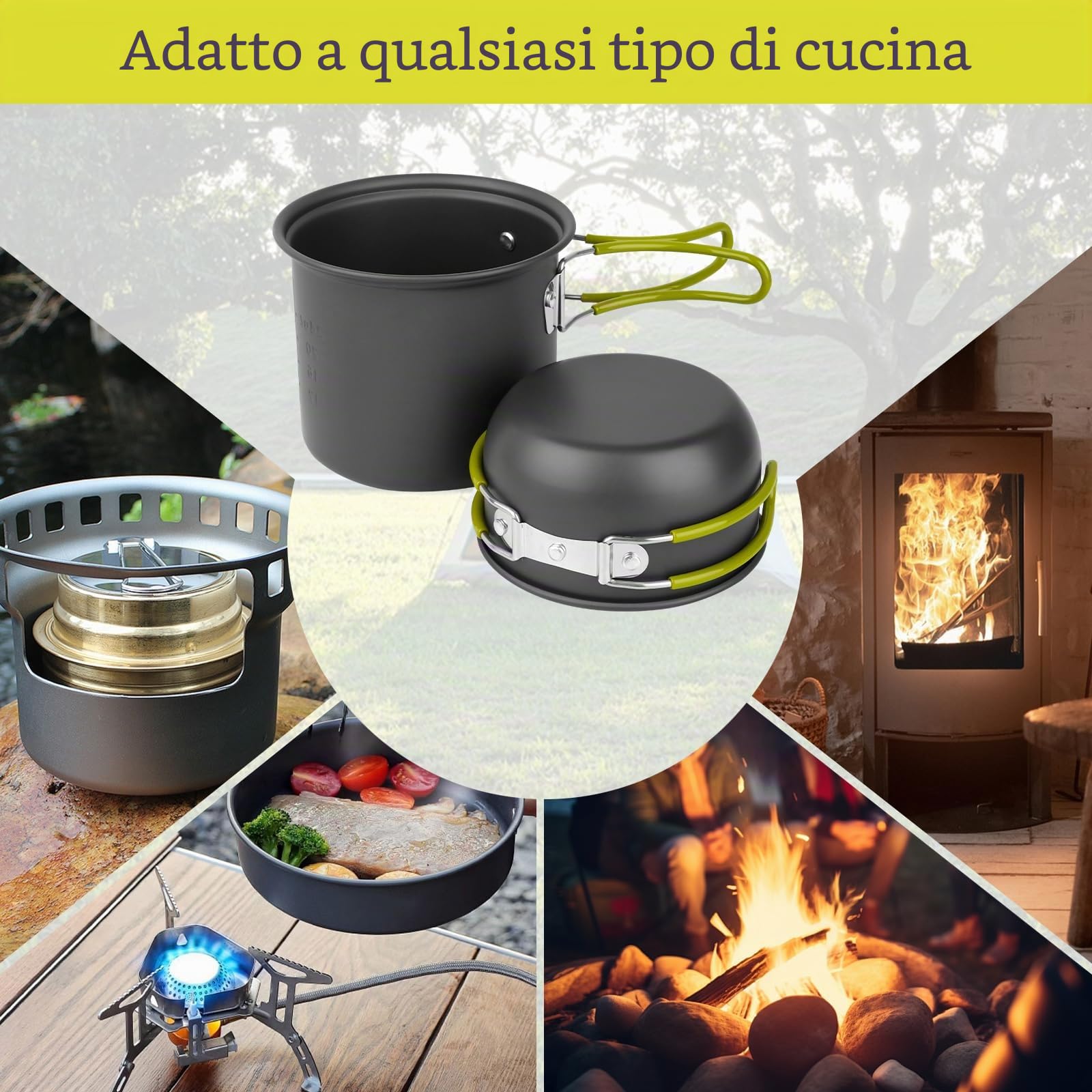 Set di Gavetta Scout, Pentole Campeggio In Alluminio, Stoviglie da Campeggio Pieghevole, Kit Campeggio con Posate E Pentola, Kit Pentole Cucina per Picnic, Escursioni, Campeggio