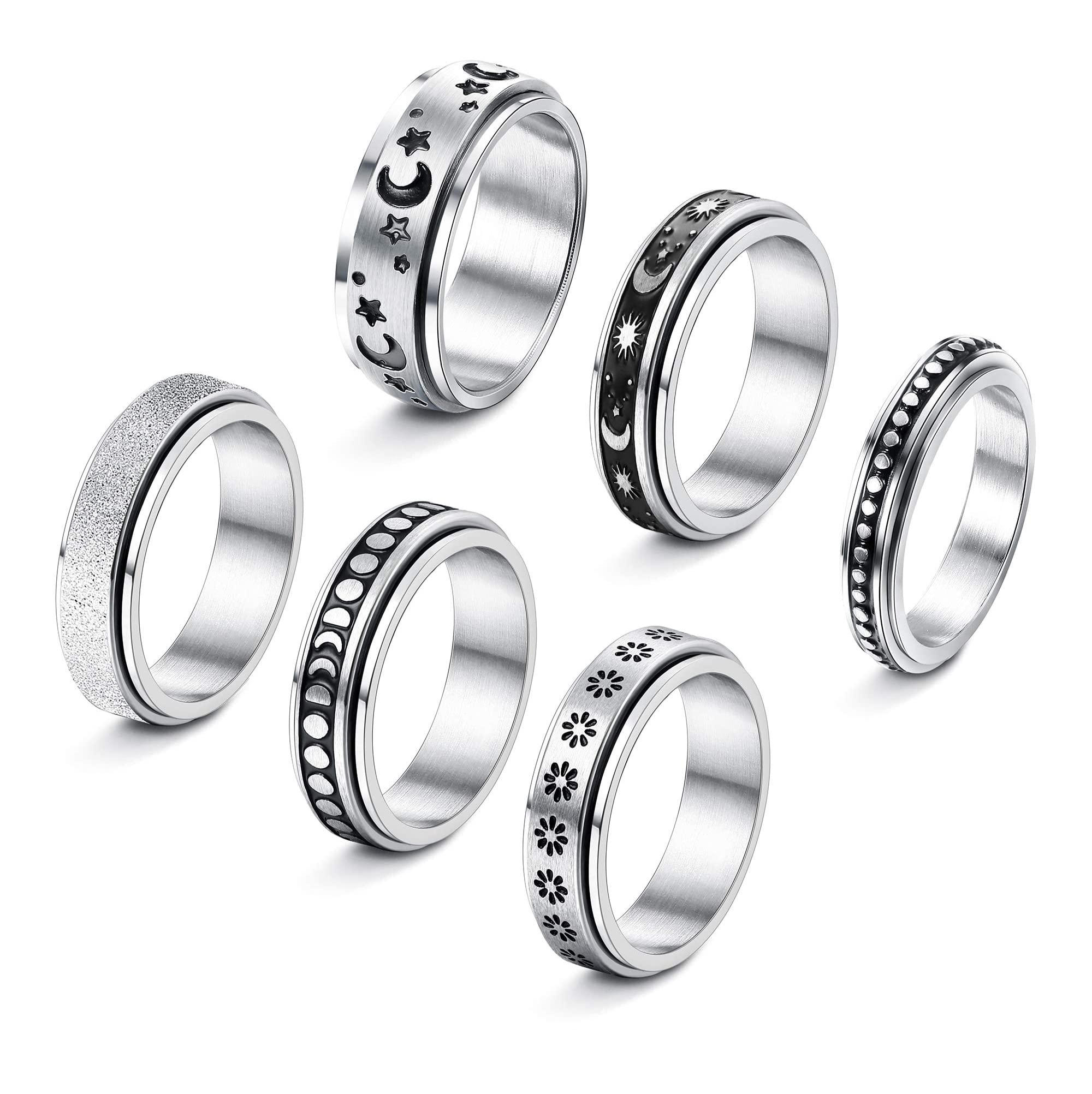 JeweBella6 Piezas Anillo Antiestres Acero Inoxidable para Mujer hombre Anillo Ansiedad Anillo Antiestres Giratorio Anxiety Ring Anillos Triple Entrelazado Rolling Flower Moon Star Anillo Talla 9-22