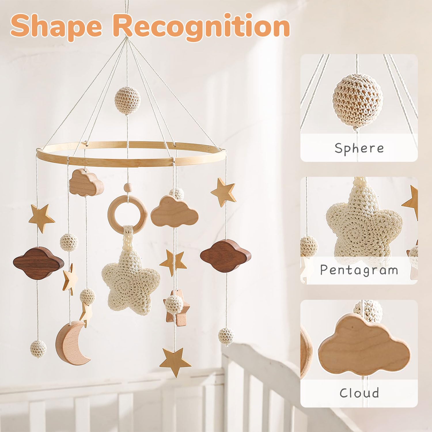 SNOWIE SOFT® Cradle Toys Hanging, Cute Wooden Crib Toys for New Born Baby with Assorted Wooden Charms Crib Mobile Toy Baby Soothing Toy Babies Cribs Ornament Babies Rustic Nursery Room Decor 2
