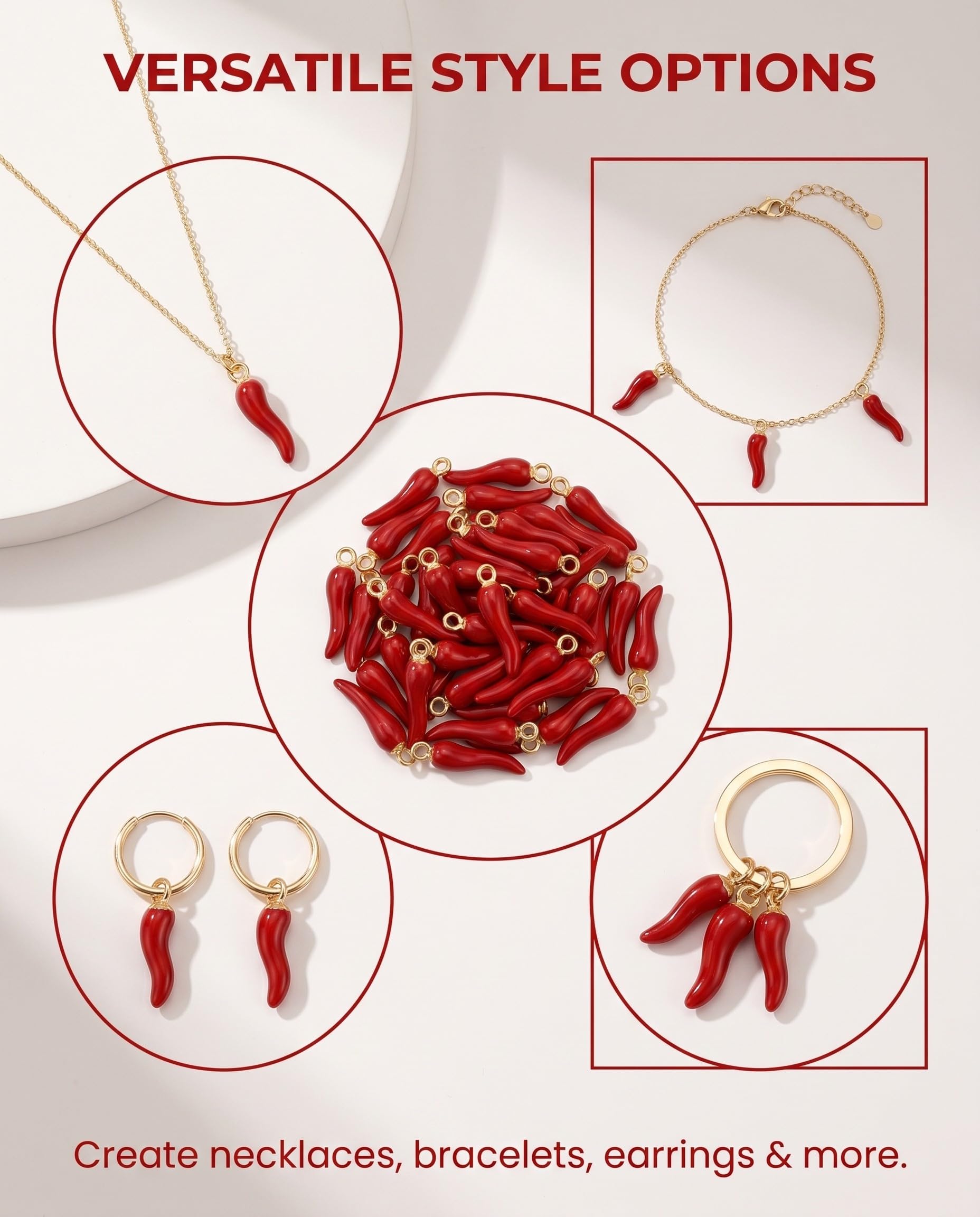 Ciondoli Peperoncino DIY 30 Pezzi, Charms Portafortuna per Gioielli e Regali Laurea