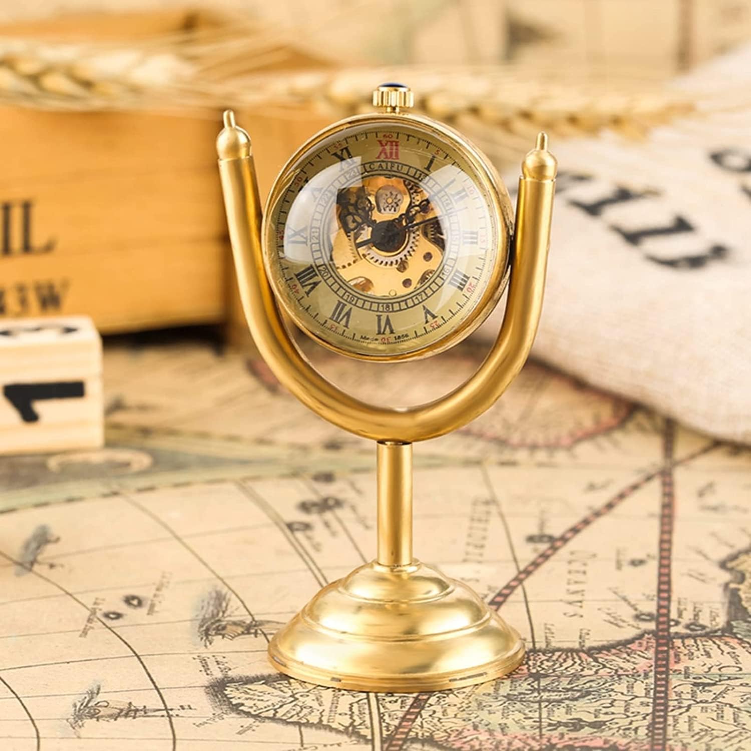 Pocket Watch Watch with Chain Spinning Gold Prize Cup Mechanical Pocket Watch Transparent Smooth Globe House Office Desk Decoration Vintage