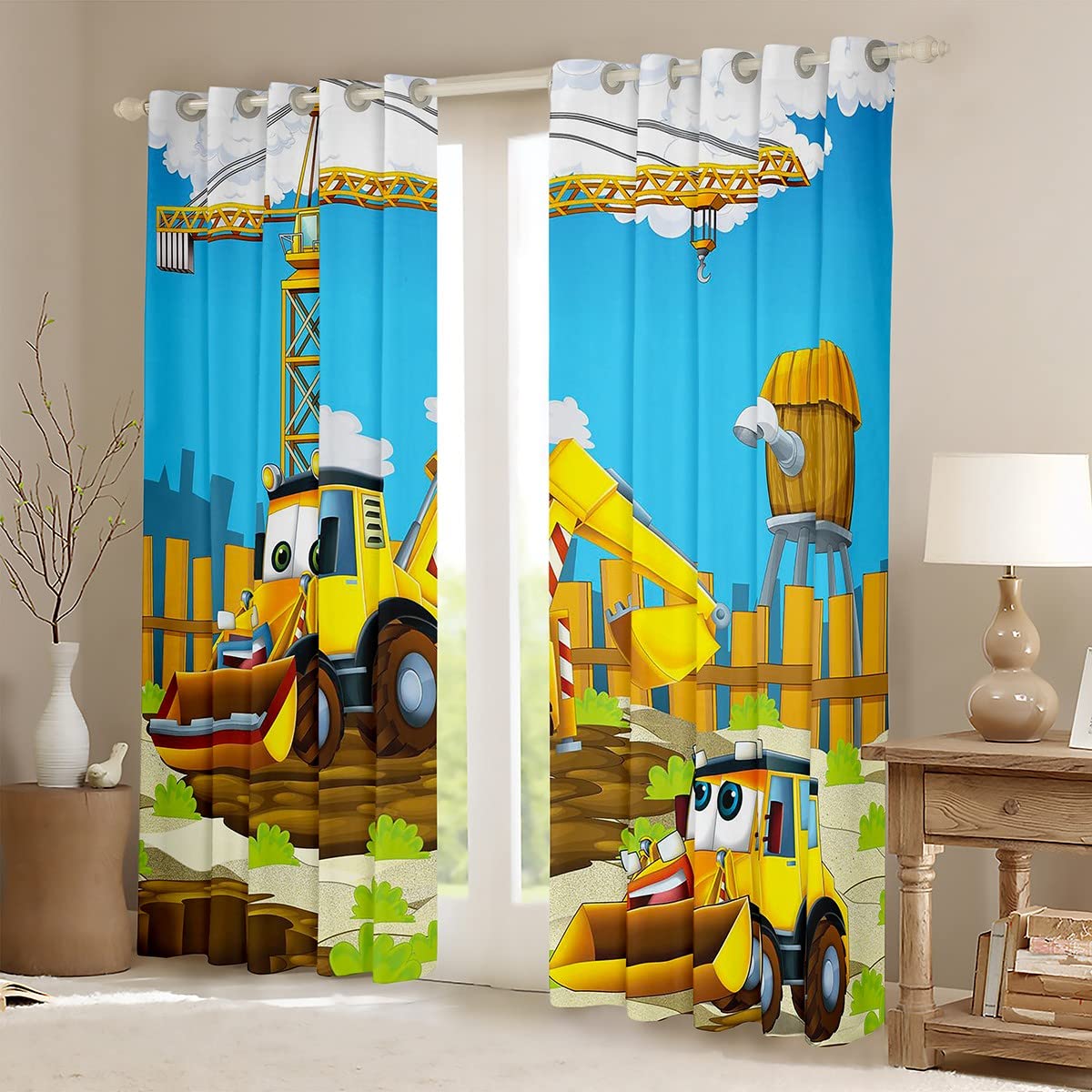 Loussiesd Kids Equipment Trucks Curtain Cartoon Construction Bulldozer Blackout Curtainfor Bedroom Machinery Cars Darkening Curtain Construction Site Window Drapes W52*L63 - Image 2
