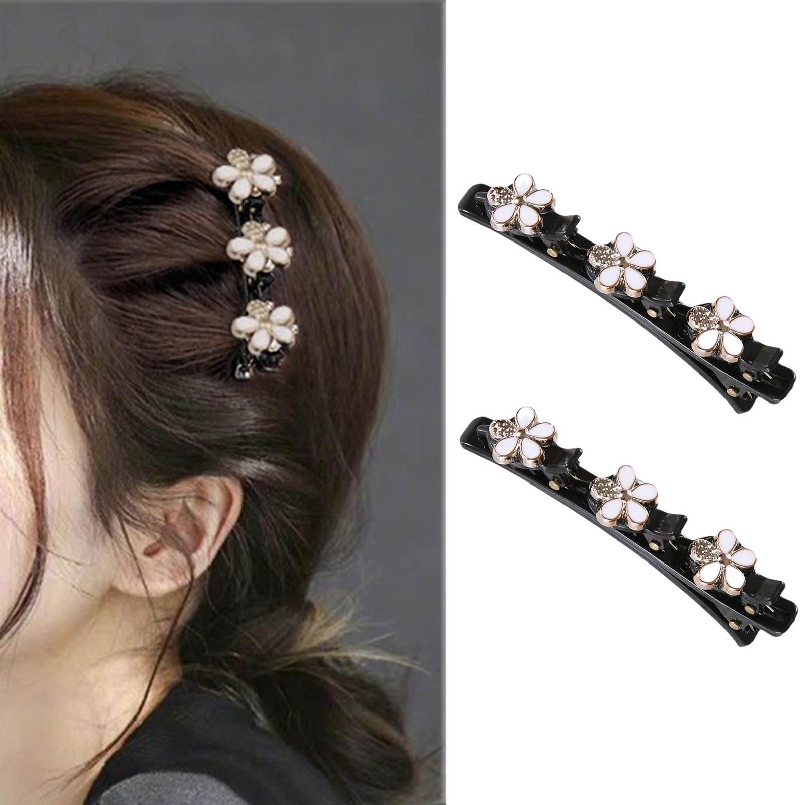Crymystal Sparkling Crystal Stone Braided Hair Clips with 3 Small Clips, Pearl shaped hairpin duckbill clip,Braided Hair Clip with Rhinestones for