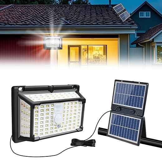 Solar Lights Outdoor/Indoor, 190LED 3000mAh Solar Motion Sensor Light Outdoor Waterproof IP65, 3 Modes Clip On Flood Light with Remote & 16.4Ft Cable, Security LED Lights for Outside