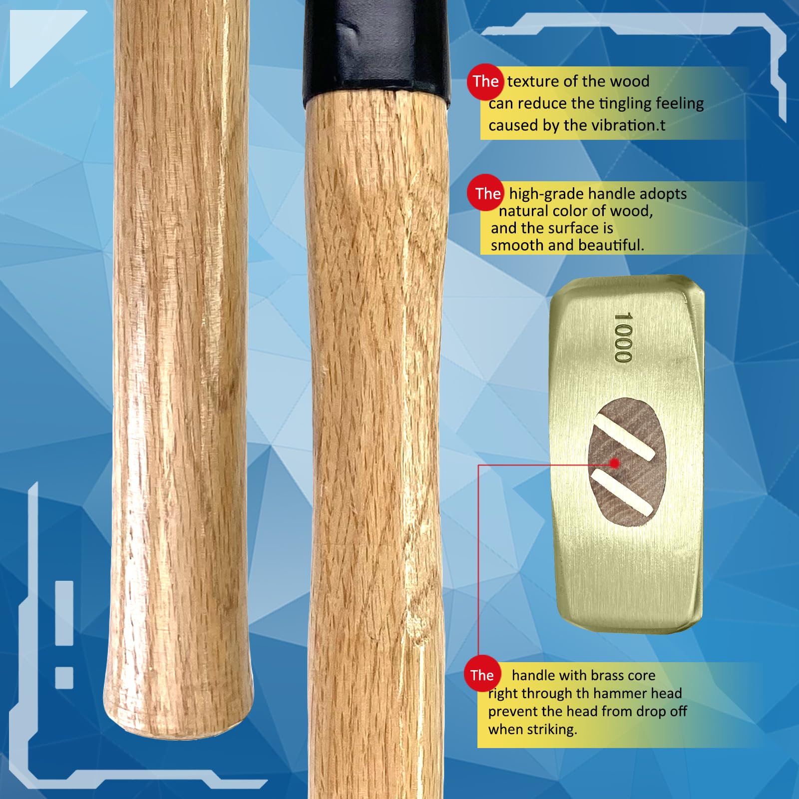 WEDO Brass Sledgehammer 3lb(1500g), Club Hammer with Wooden Handle, Die-Forged, Corrosion Resistant, DIN Standard, Length 14"(360mm) - Image 4