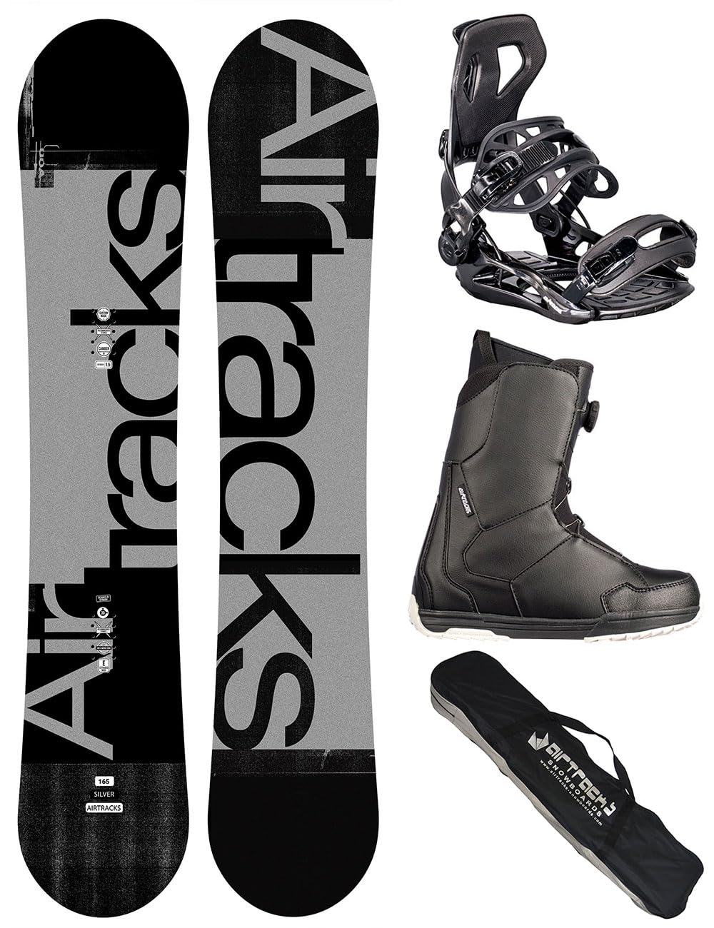 Airtracks Set snowboard da uomo Wide Silver Freestyle Freeride 165 – Snowboard Bindung Master – Softboots Master ATOP 43 – SB Bag