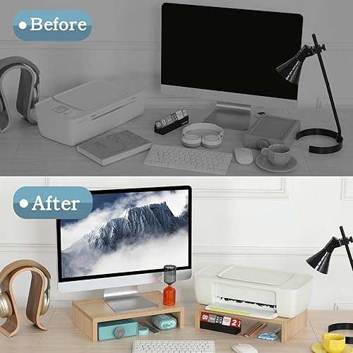 Miniatura 7 de TEAMIX Soporte elevador para monitor de madera, paquete de 2 elevadores ajustables para monitor dual para computadora portátil/PC