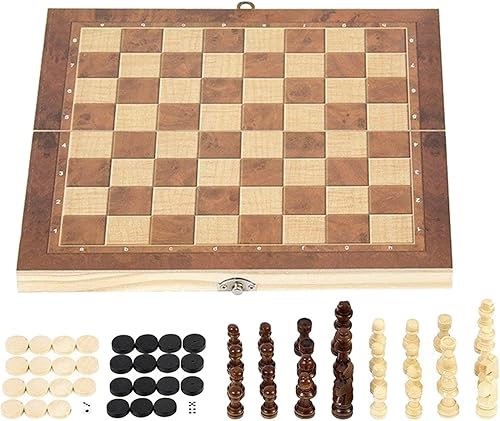 Miniatura 1 de Juego de ajedrez y damas de madera, tablero plegable, juegos de mesa clásicos, mesa familiar de backgammon, 9.4 x 9.4 in