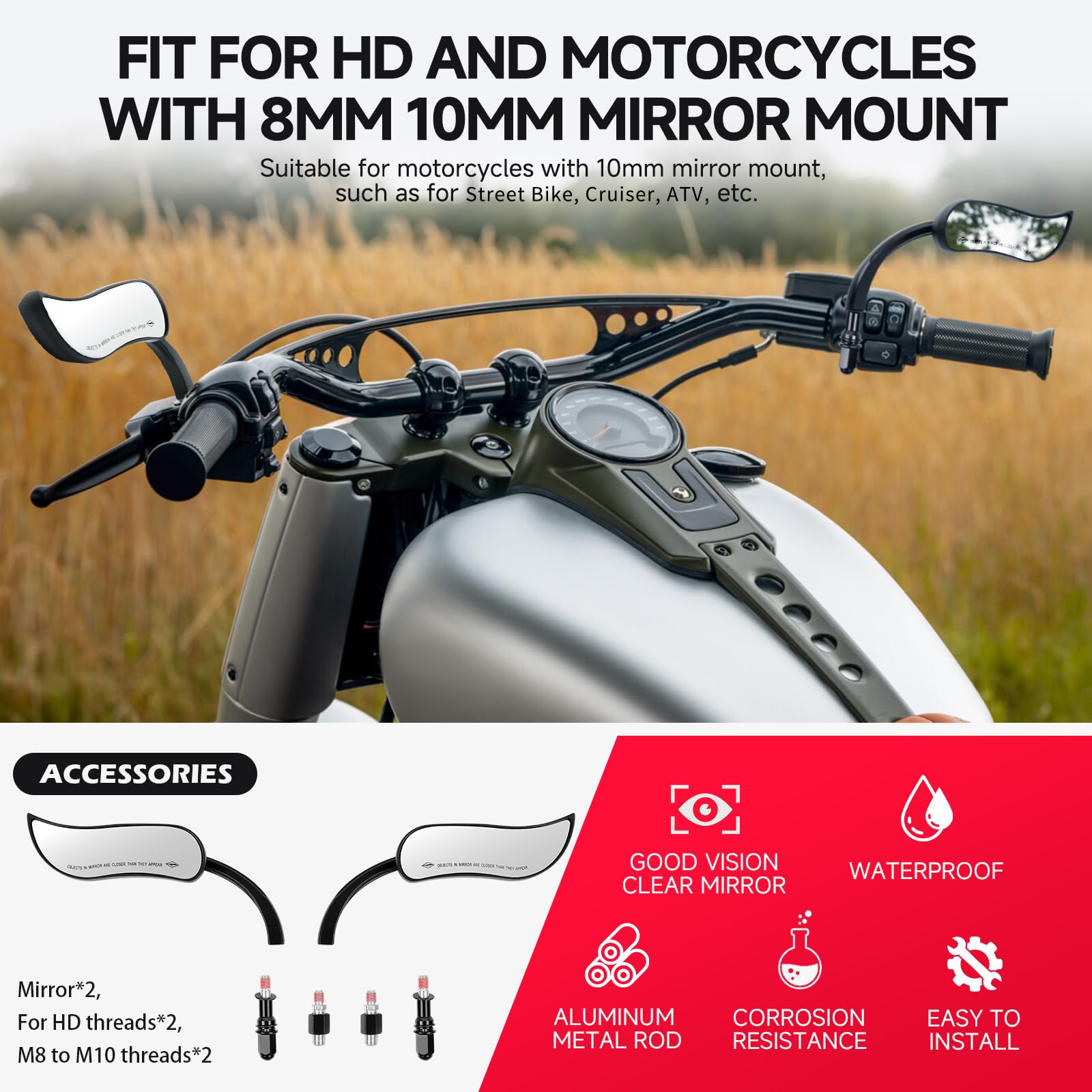 DREAMIZER Specchietti Retrovisori Moto Universali Filettatura M10 M8, Mini Retrovisore a Forma di Foglia Compatibile con Harley Touring Softail Sportster CVO e Altre Moto