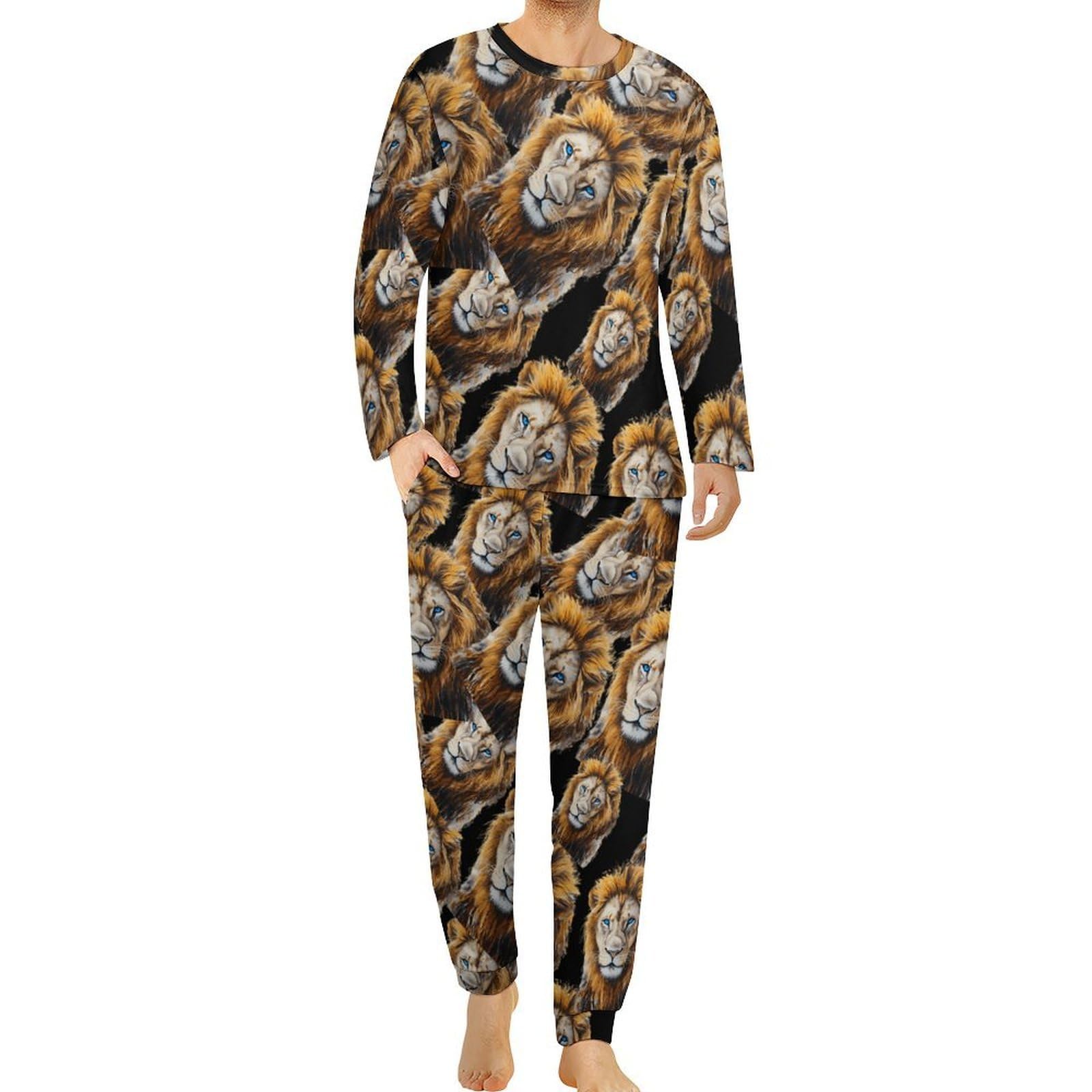 Conjunto de pijama de león acuarela para hombre, cuello redondo, 2 piezas, manga larga, suave, transpirable para todas las estaciones