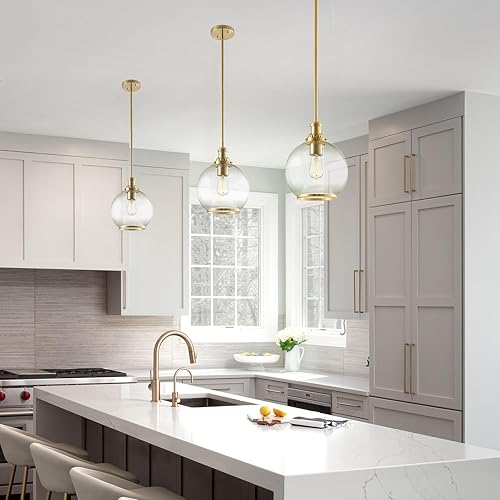 Miniatura 3 de Kira Home Jolie - Lámpara colgante industrial de granja de 14 pulgadas + pantalla de cristal de globo martillado, altura ajustable, acabado de latón