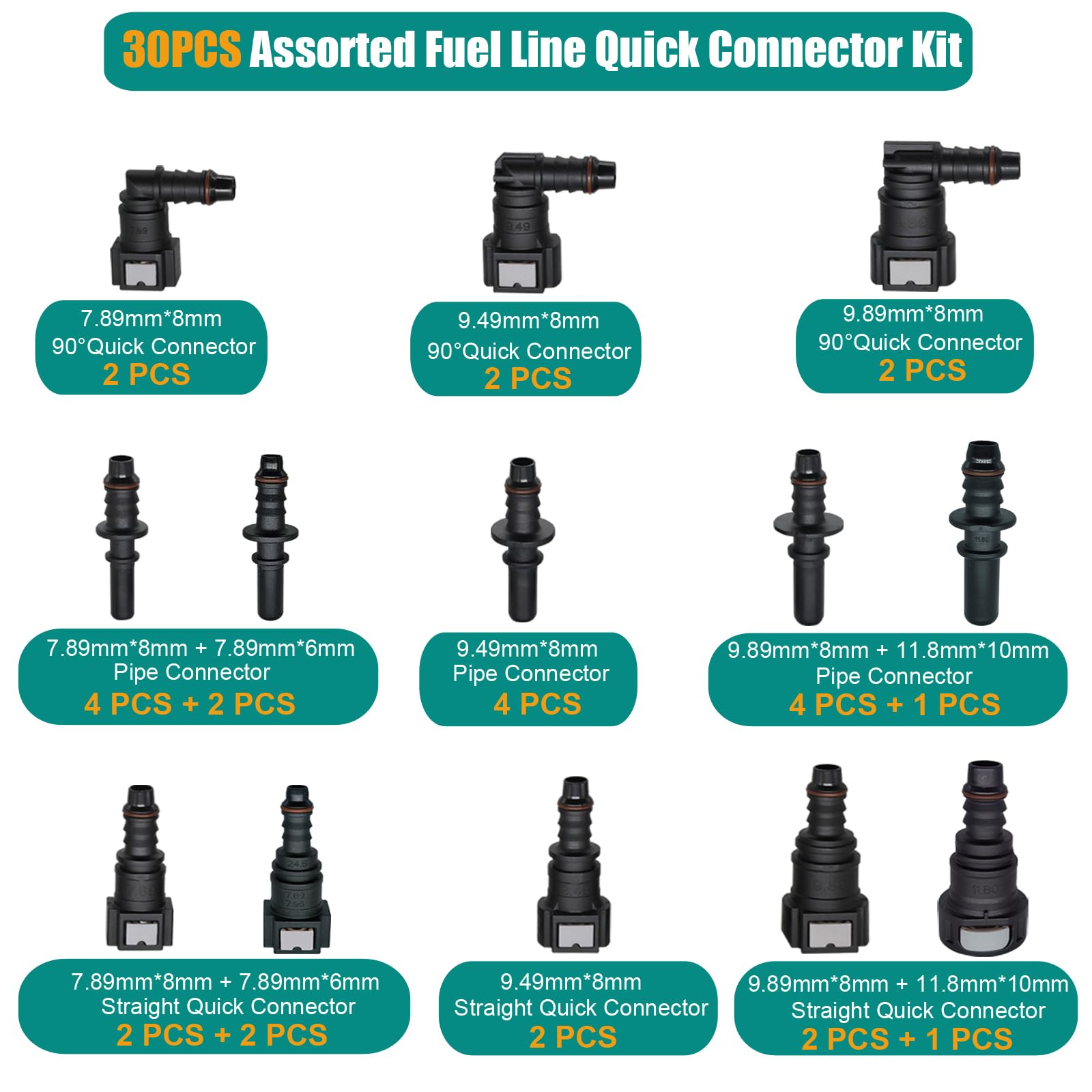 Raccordi a connessione rapida per tubo del carburante, kit di riparazione per tubo del carburante, 13 dimensioni, connettore a gomito dritto SAE 7,89 mm, 9,49 mm, 9,89 mm, 11,8 mm