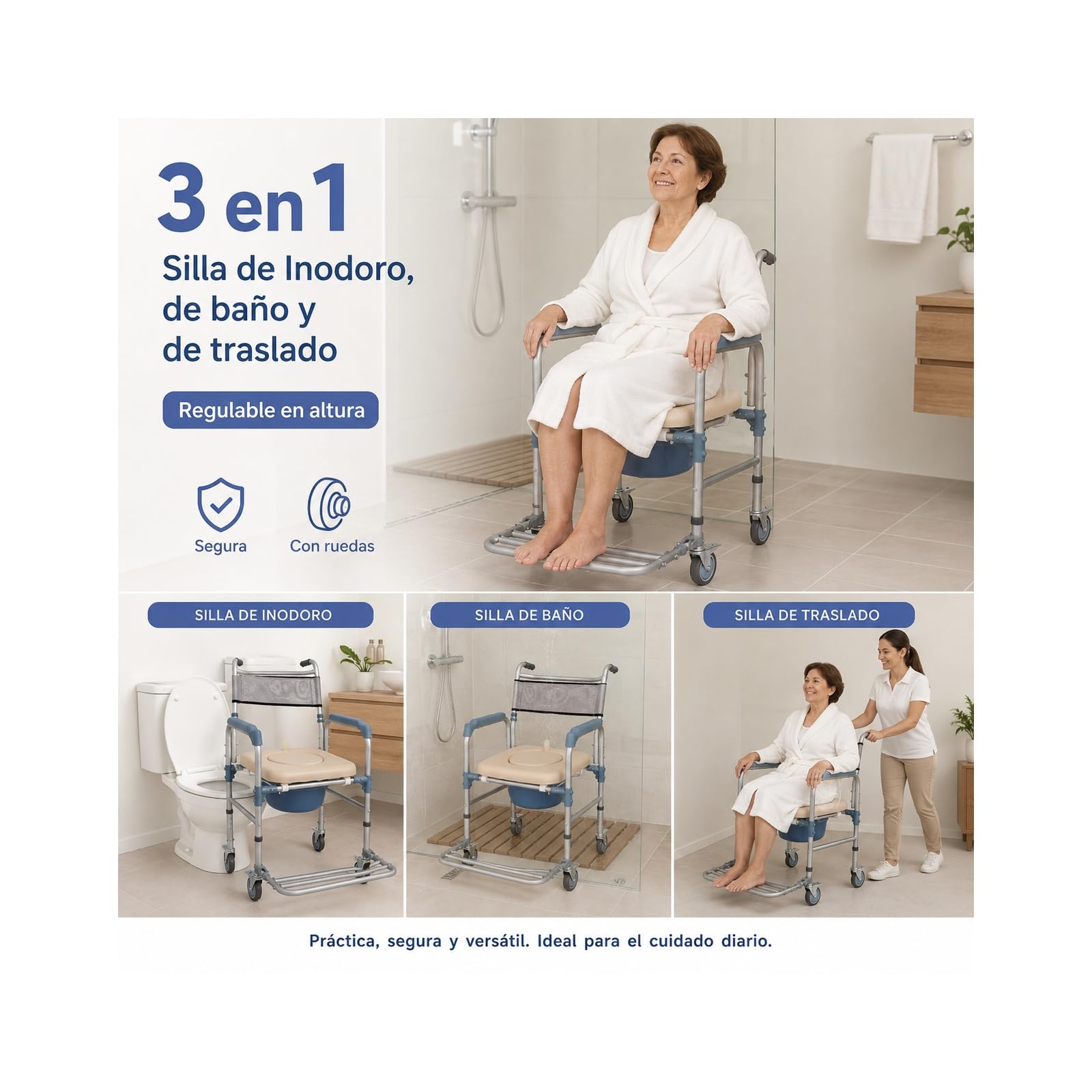 Silla 3 en 1 para Ducha, WC y Transferencias con Ruedas y Altura Regulable de 53-58 cm. Sillón Inodoro con Asiento Acolchado y Reposapiés Plegables para Personas con Movilidad Reducida y Ancianos.