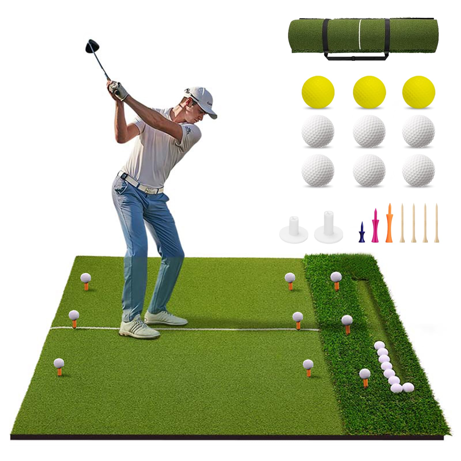 5x4FT Golf Hitting Mat with Ball Tray, TTCB Sports Dual-Turf Golf Mats Practice Indoor Outdoor Backyard Driving, Large Practice Mat with 9 Balls & Rubber Tee for Chipping Swing Training