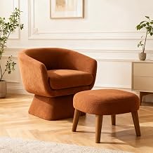 Swivel Barrel Chair and Ottoman Set, 360 Degree Club Chair, Comfy Boucle Armchair and Footstool, Upholstered Accent Sofa Chair w/Footrest for Living Room Bedroom Reception Room, Orange