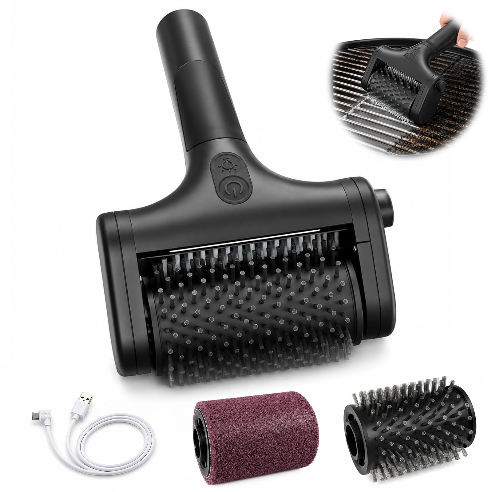Spazzola elettrica per barbecue con testina in acciaio inox, a batteria, per griglia e barbecue, rimuove grasso bruciato e fuliggine, antiruggine e durevole, per barbecue a gas e barbecue a carbonella