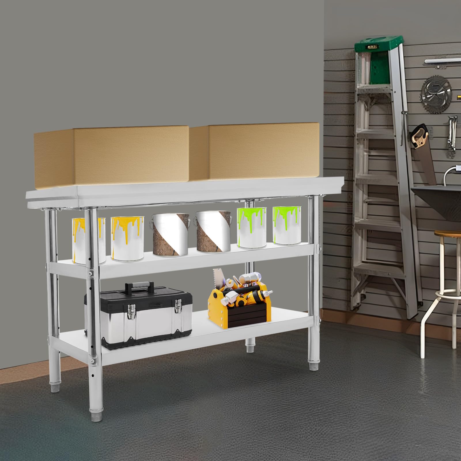 Mesa de trabajo de acero inoxidable de 3 niveles, mesa de trabajo comercial para la preparación de alimentos, 120 x 60 x 90 cm, mesa de trabajo para cocina, restaurante, hotel, plata