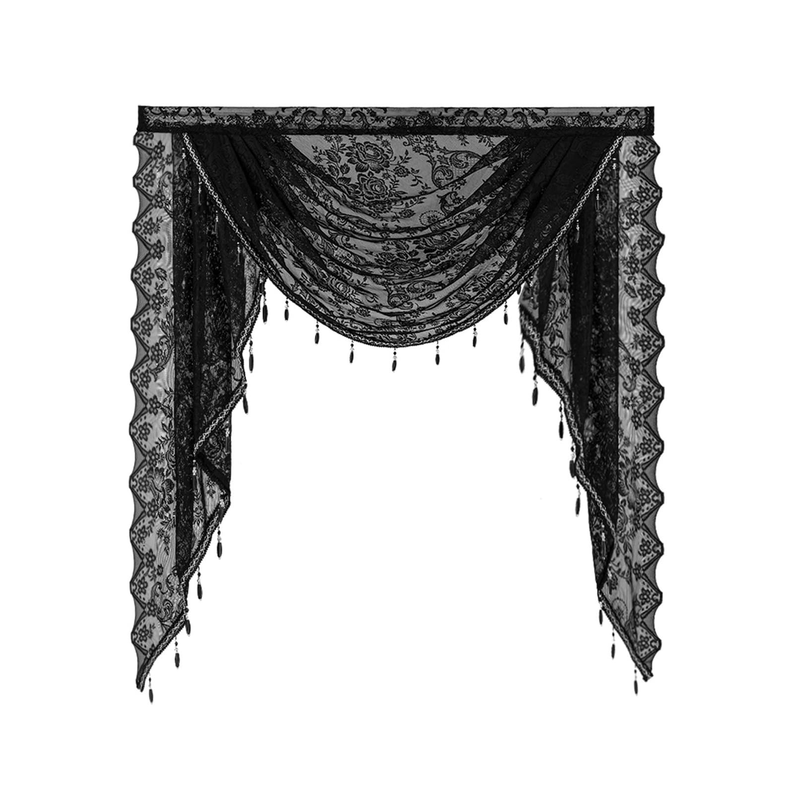 Buxuaaaa Black Laces Waterfalls Valance With Beadeds Tassels And Florals Embroidery For Bedroom Living Room Kitchen Basement Beadeds Tassels Curtain