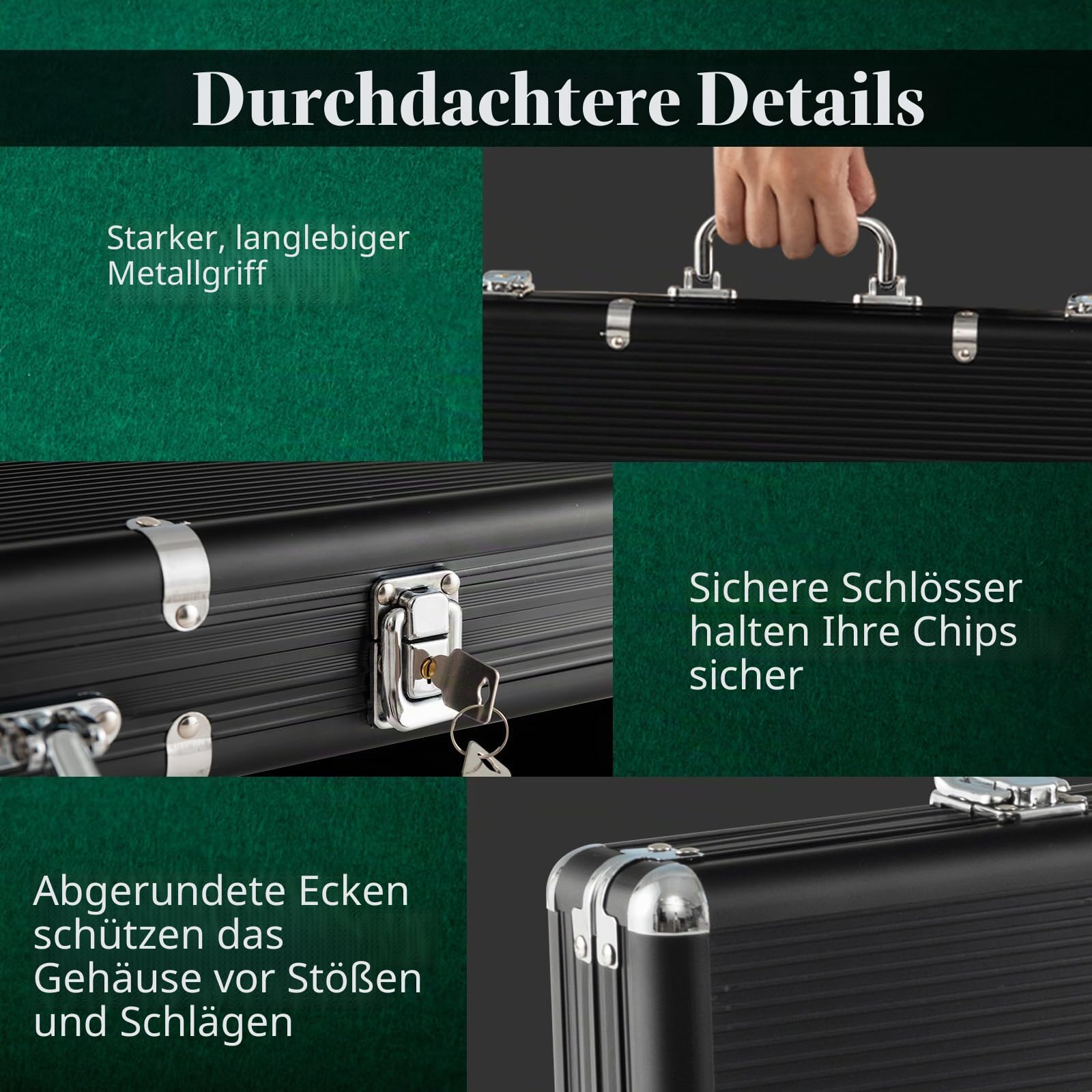 HOMASIS Pokerset mit 500 Chips, Poker Koffer mit 2 Kartendecks, 5 Würfel, Kasino-Matte, 3 Dealer Button, abschließbar Pokerkoffer Profi aus Alu, Komplettes Poker Set Pokerkarten für Partys (Schwarz)