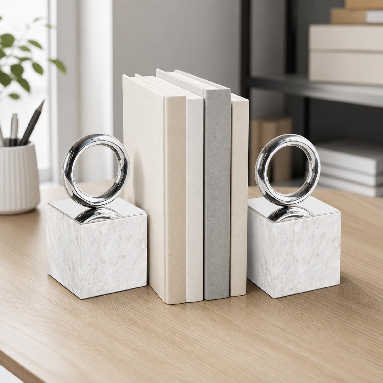 predolo Klassisch Marmor-Buchstütze | Buchstützen aus Marmor, platzsparendes Design, Buchstützen mit Metallbasis, für Arbeitszimmer, Büro, Wohnzimmer