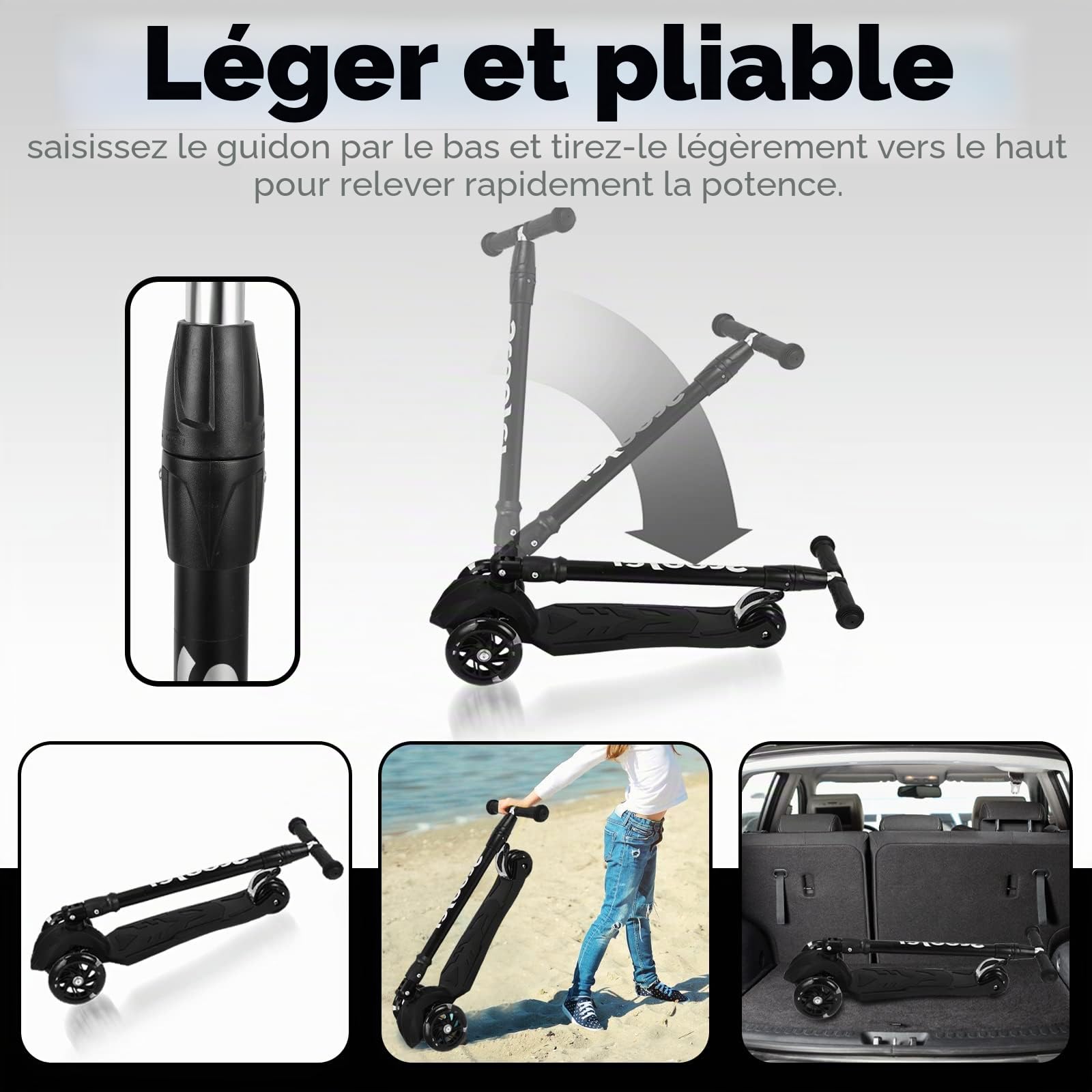 Trottinette à 3 roues pour enfants à partir de 3 à 14 ans - Avec 3 roues lumineuses LED - Hauteur réglable - Pliable - Freins arrière - Maximum 50 kg