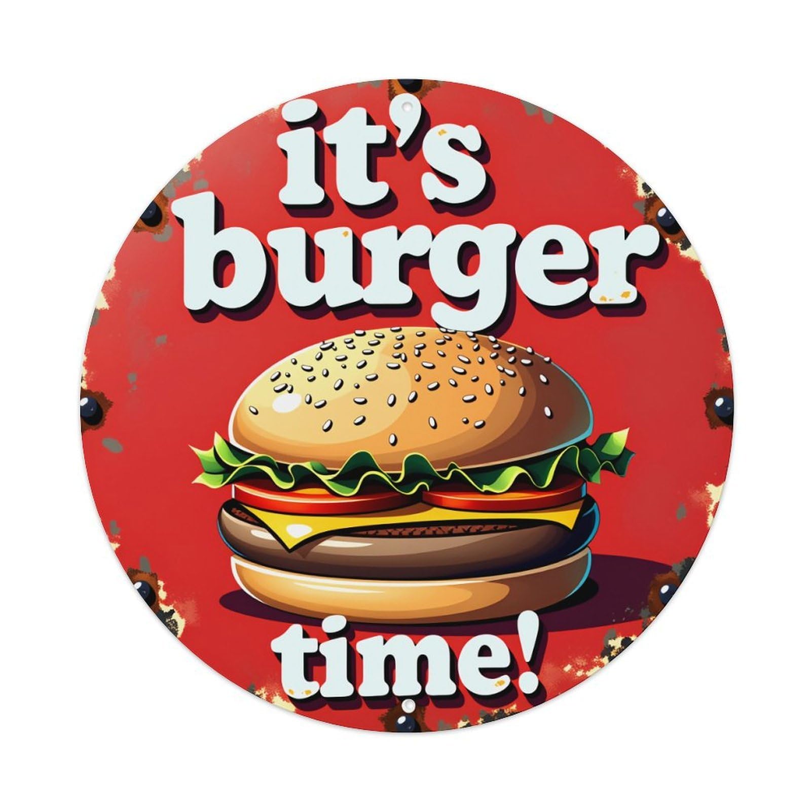 Burger With Lettuce Cheese And Tomato On Red Background Round Vintage Tin Sign,Retro Wall Art,Metal Poster for Home, Bar, Garage, Cafe, Rustic Indoor & Outdoor Decor, 8x8 Inches