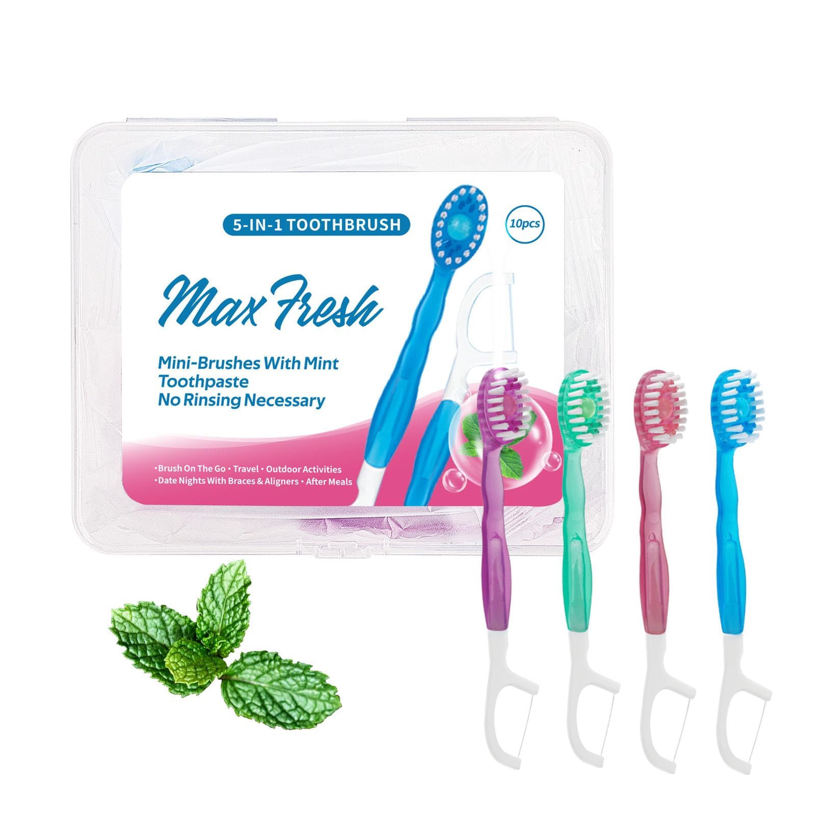 Mini Disposable Toothbrushes - 5 in 1 Travel Portable Toothbrush with Toothpaste + Tongue Scraper + Picks+Floss Travel Case, 10 Pcs-Mixed 4 Flavor