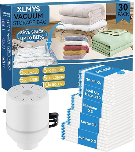 Paquete de 30 bolsas de almacenamiento al vacío con bomba eléctrica, bolsas de almacenamiento al vacío ahorradoras de espacio (5 jumbo5 grandes5