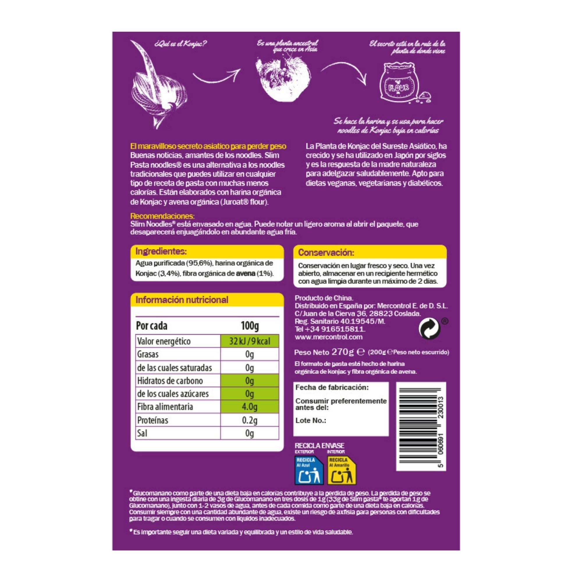 Slim Pasta - Pack de 12 Unidades de Noodles Thai Style de Konjac - Sin Calorías ni Carbohidratos - Ideal para Dietas Keto y Low Carb - Apto para Veganos - Elaborado con Harina de Konjac
