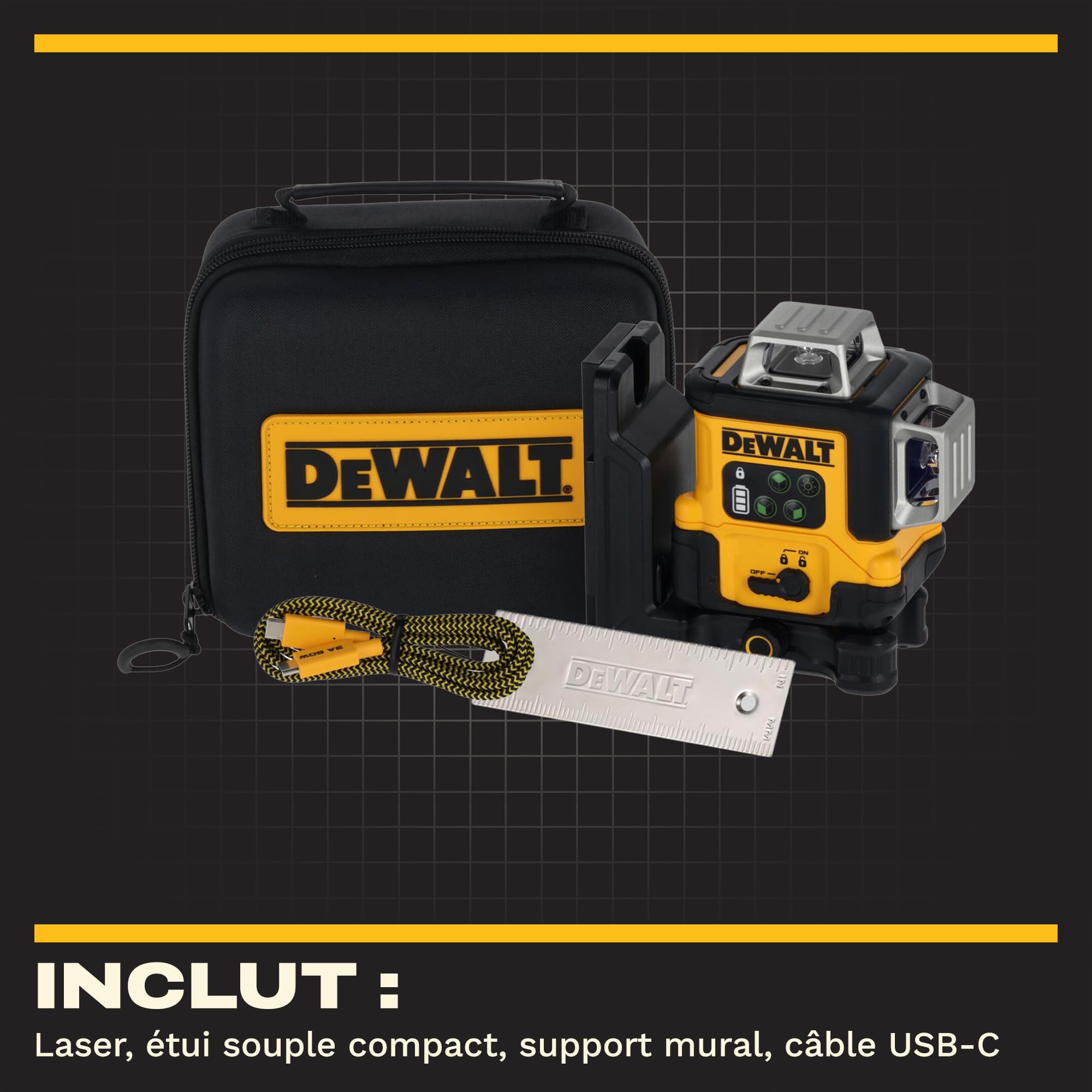 DEWALT, Laser linéaire vert 3x360° rechargeable par USB dans une mallette de rangement, DCLE14361GB-XJ