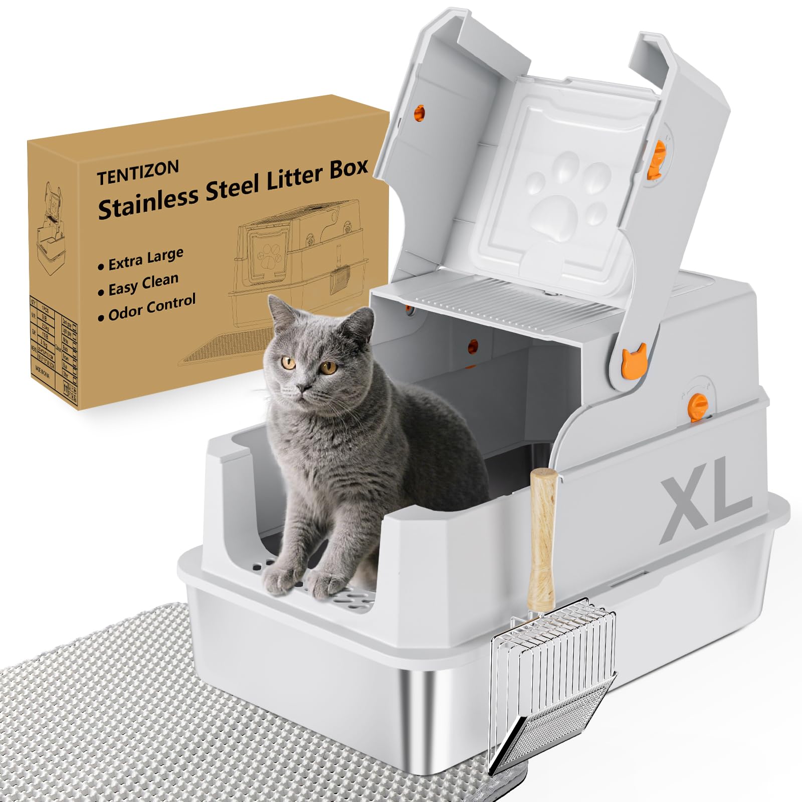 TENTIZON Stainless Steel Cat Litter Box with Lid, Large Covered Enclosed Kitty Litterbox with Hood, Flip Top, High Side, Litter Mat, Scoop for Big Cats, Kitten, No Odor, No Mess, Easy Clean