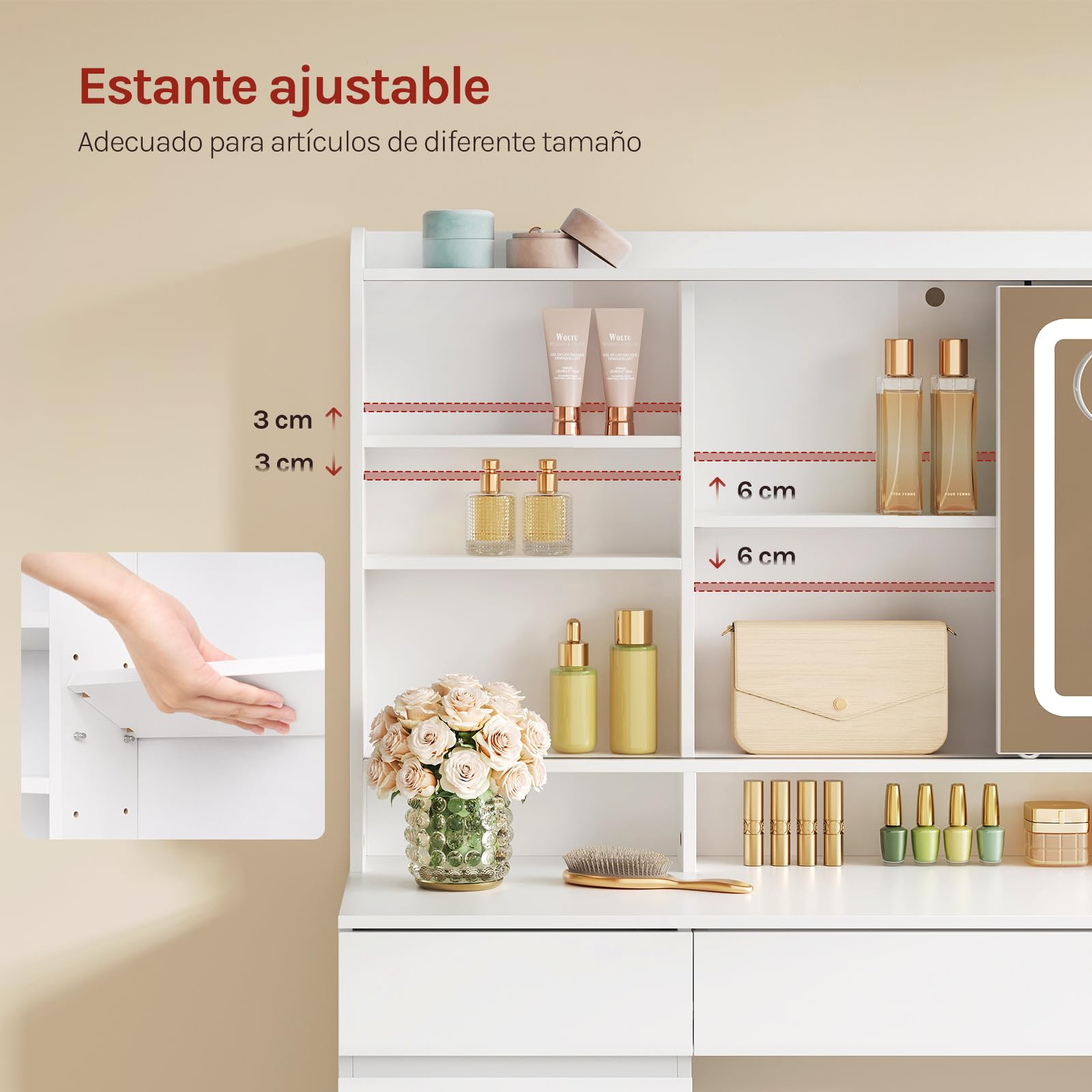 WOLTU Tocador de Maquillaje con 9 Cajones, 1 Bandeja de Joyas, Mesa Tocador Blanco con Espejo y Luz LED Ajustable, Estantes Abiertos, Estilo Moderno para Dormitorio