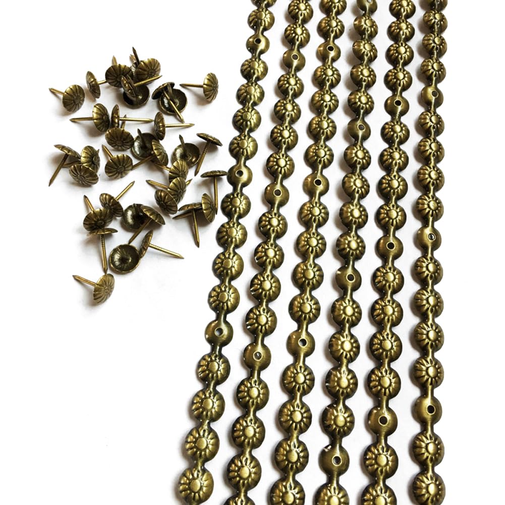 Let's Decorate 5 Meters Upholstery Tacks Strips Brass Flower,Decorative Nail Strips Sofa Trims Tapes,Indoor Garden Chair Tacks,Loosing Tacks Matched (11mm Brass Flower)