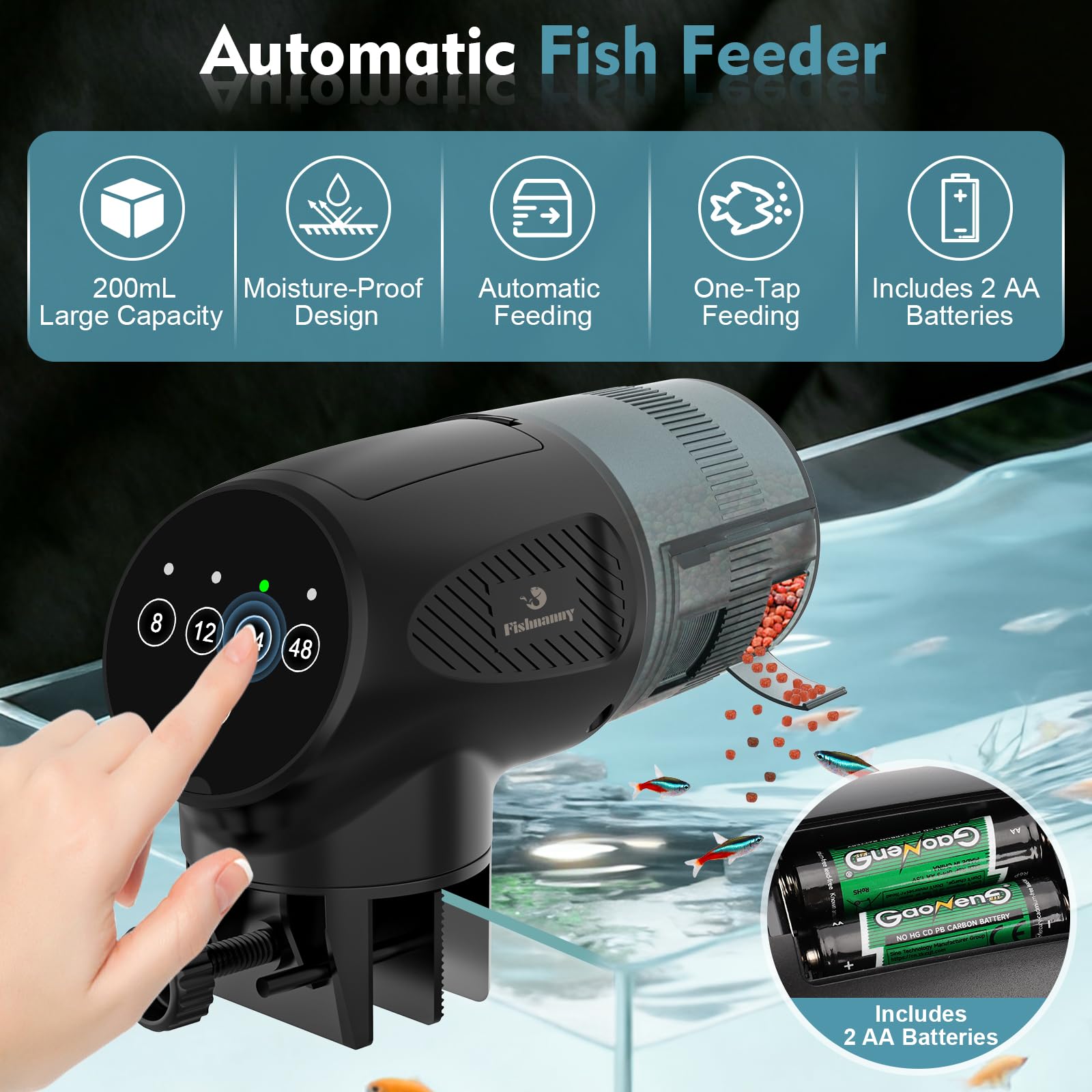 Distributeur automatique à piles pour poissons - Facile à utiliser - Avec 4 réglages de minuterie - Design résistant à l'humidité pour granulés et flocons - 200 ml - Idéal pour les poissons