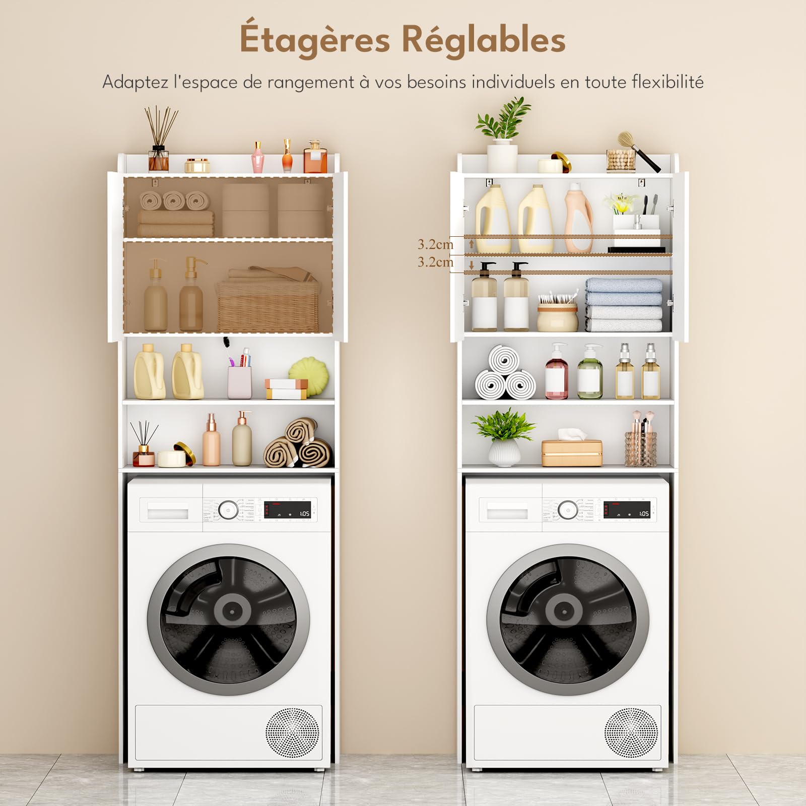 BEWISHOME Machine à Laver,Étagère de Salle de Bain à Placer sur Machine à Laver,Toilettes ou Sèche-Linge,2 Portes, 2 Compartiments Ouverts,Étagères Réglables,24×65×185 cm, Blanc EYYG19W