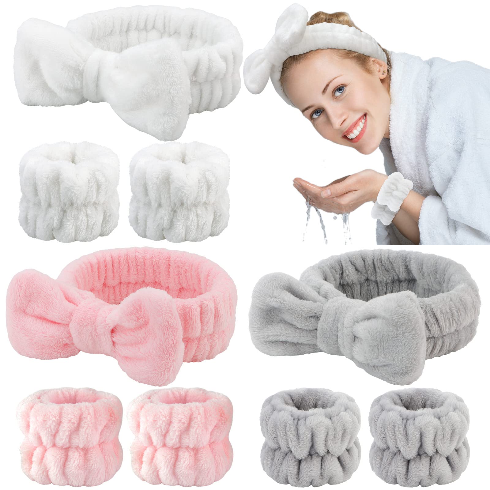 9 Pieces Spa Headbands and Wristbands Set (White & Gray & Pink)