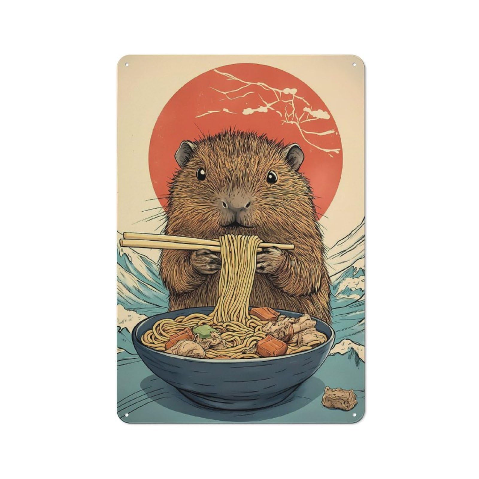 Junmoney Ramen Eating Hamster Capibara Retro Tin Sign 30X20cm For Garage Or Workshop, For Furnishing A New Garage And Workshop With Retro Decor