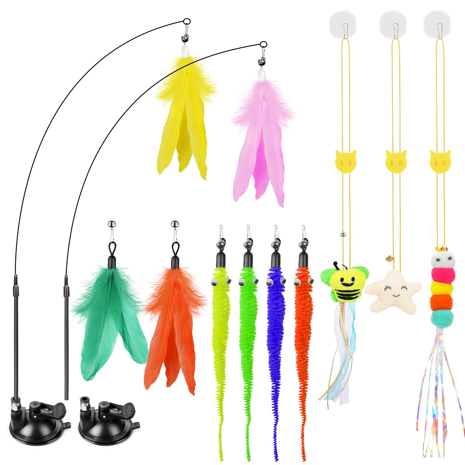 SUNSHINETOP Cat Wand Toy, Interactive Kitten Feather Toys Self Play, Cat Teaser for Indoor Cats Reusable Suction Cup Toys for Indoor Cats Kittens Play Exercise