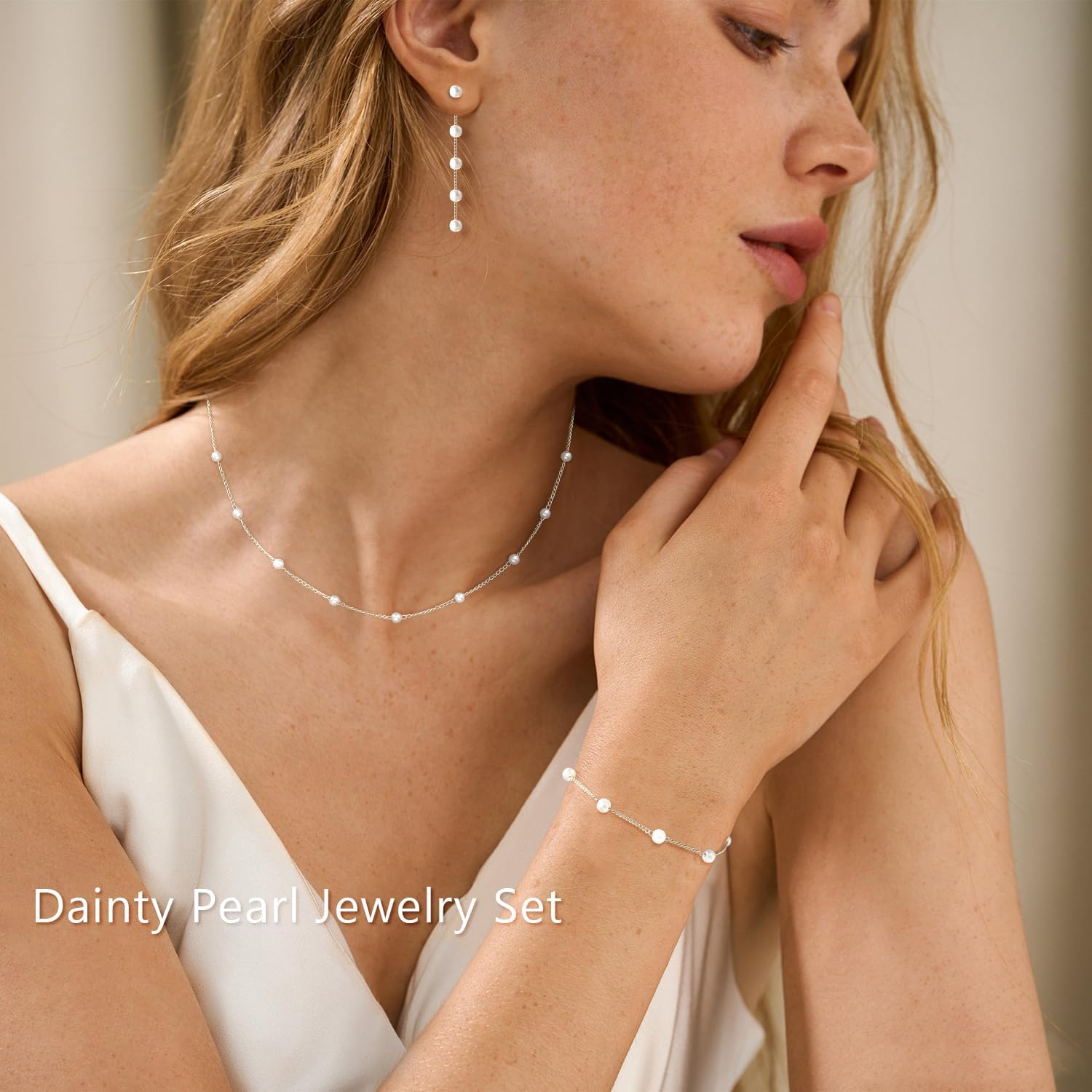 Gold Jewelry Set for Women, Dainty 14K Gold/Silver Plated Pearl Necklace and Earring Set with CZ Diamond and Pearl Drop Earrings, Bracelets, Choker Necklace - Wedding Bride Jewelry - Image 2